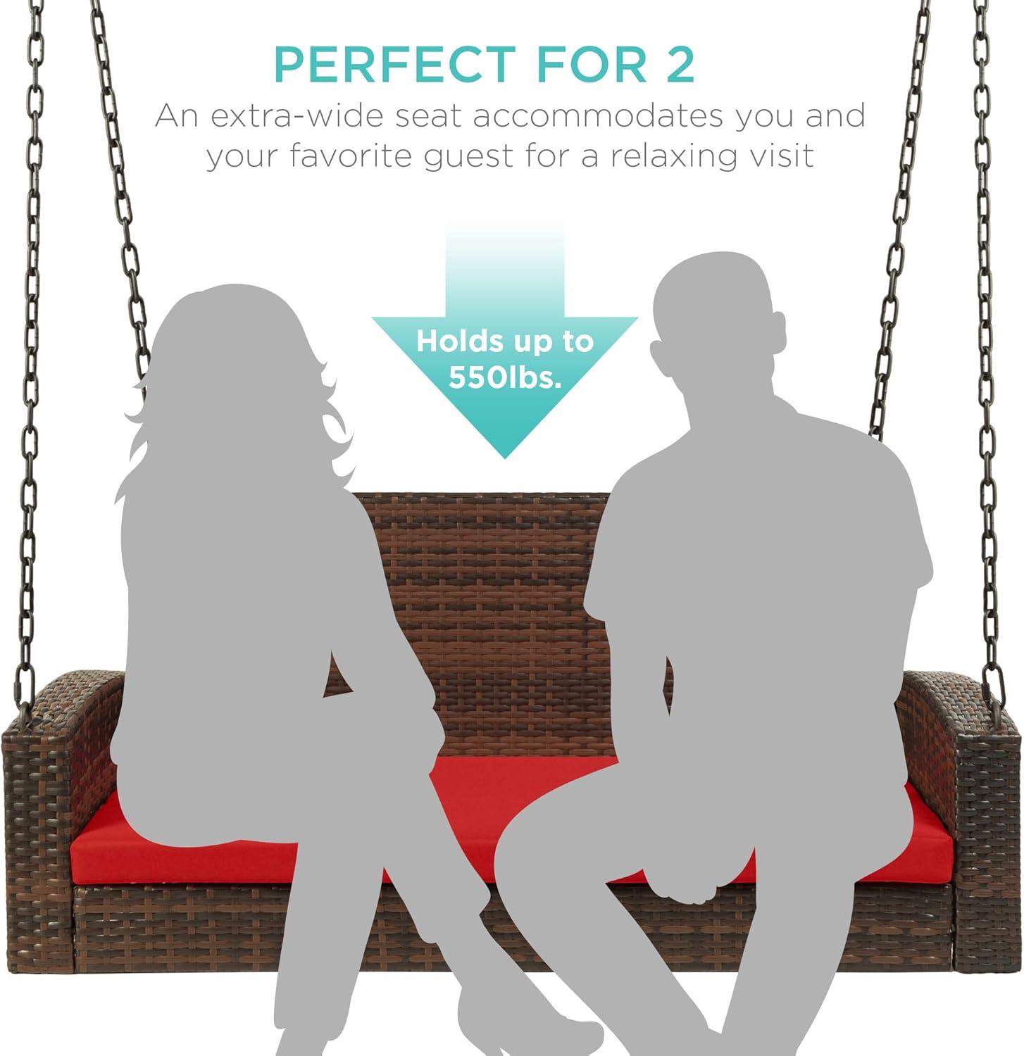 Best Choice Products Woven Wicker Hanging Porch Swing Bench for Patio, Deck w/ Mounting Chains, Seat Cushion - Brown/Red