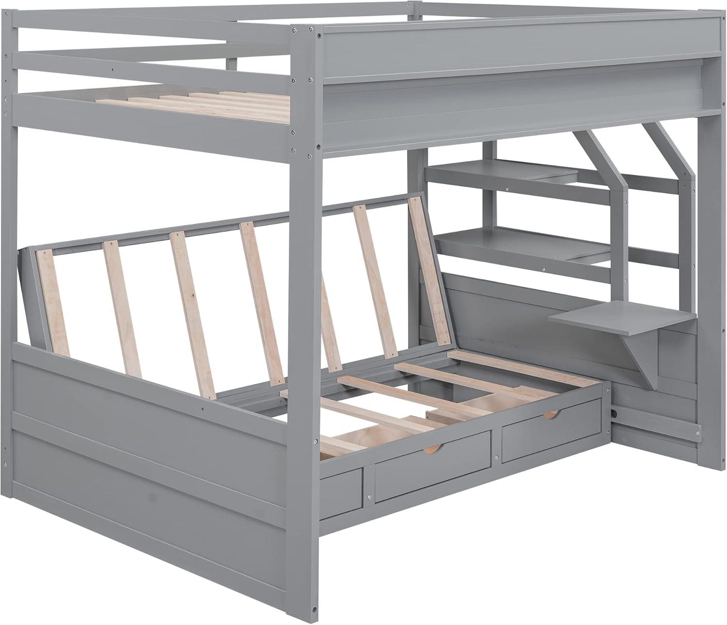 Harper & Bright Designs Full Over Full/Futon Bunk Beds with Stairs and 3 Drawers, Built-in Shelf, Bottom Bed can be Converted into Daybed, Solid Wood Bunk Bed Frame - Gray