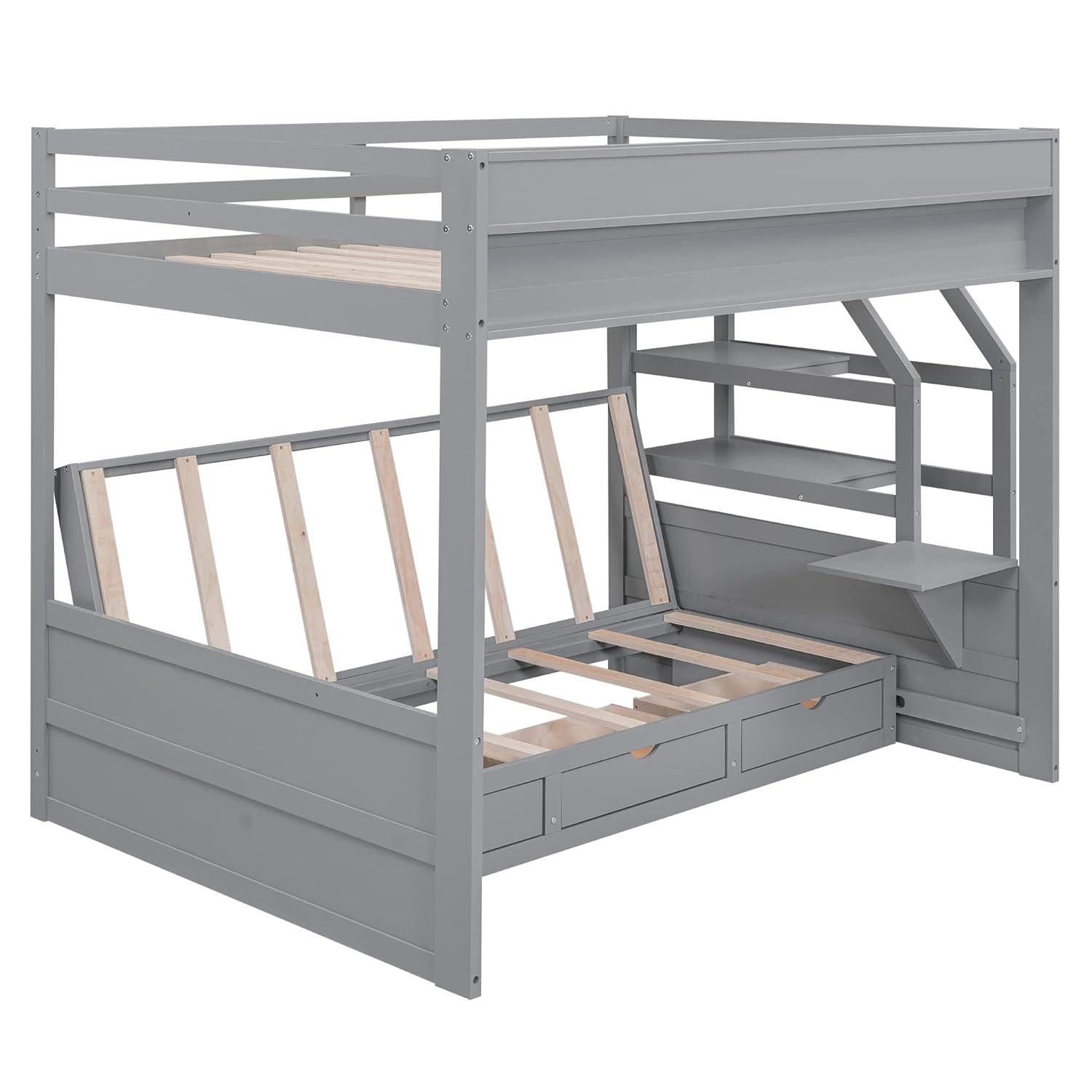 Harper & Bright Designs Full Over Full Bunk Beds with Stairs and Small Shelf, Wood Convertible Bunk Bed can be Converted into Daybed (Gray)