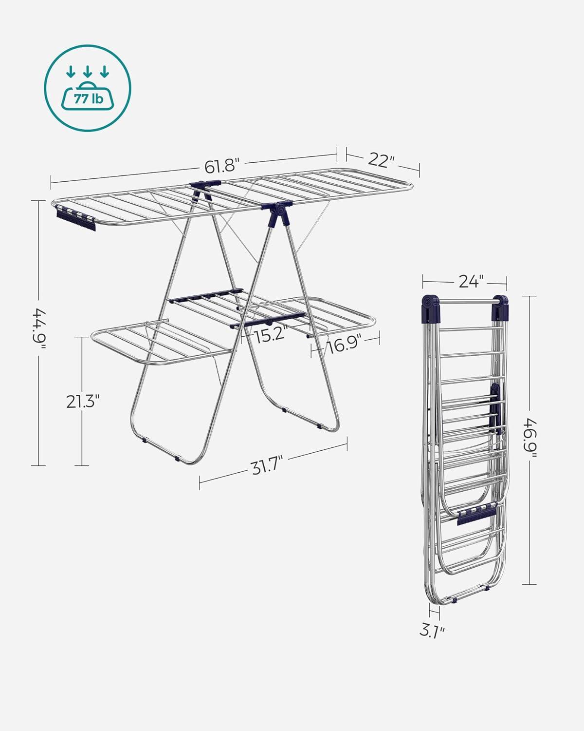 Foldable Silver and Blue 2-Level Clothes Drying Rack with Adjustable Wings