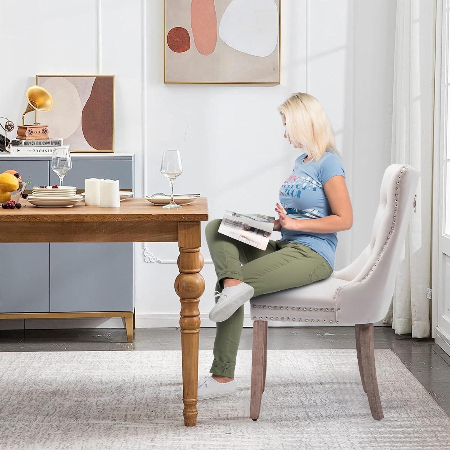 SoarFlash Velvet Dining Chairs Set of 4, Tall Back Side Chair, Modern Upholstered High-end Tufted Side Chair with Button Back Ring, Solid Wood Legs (Beige)