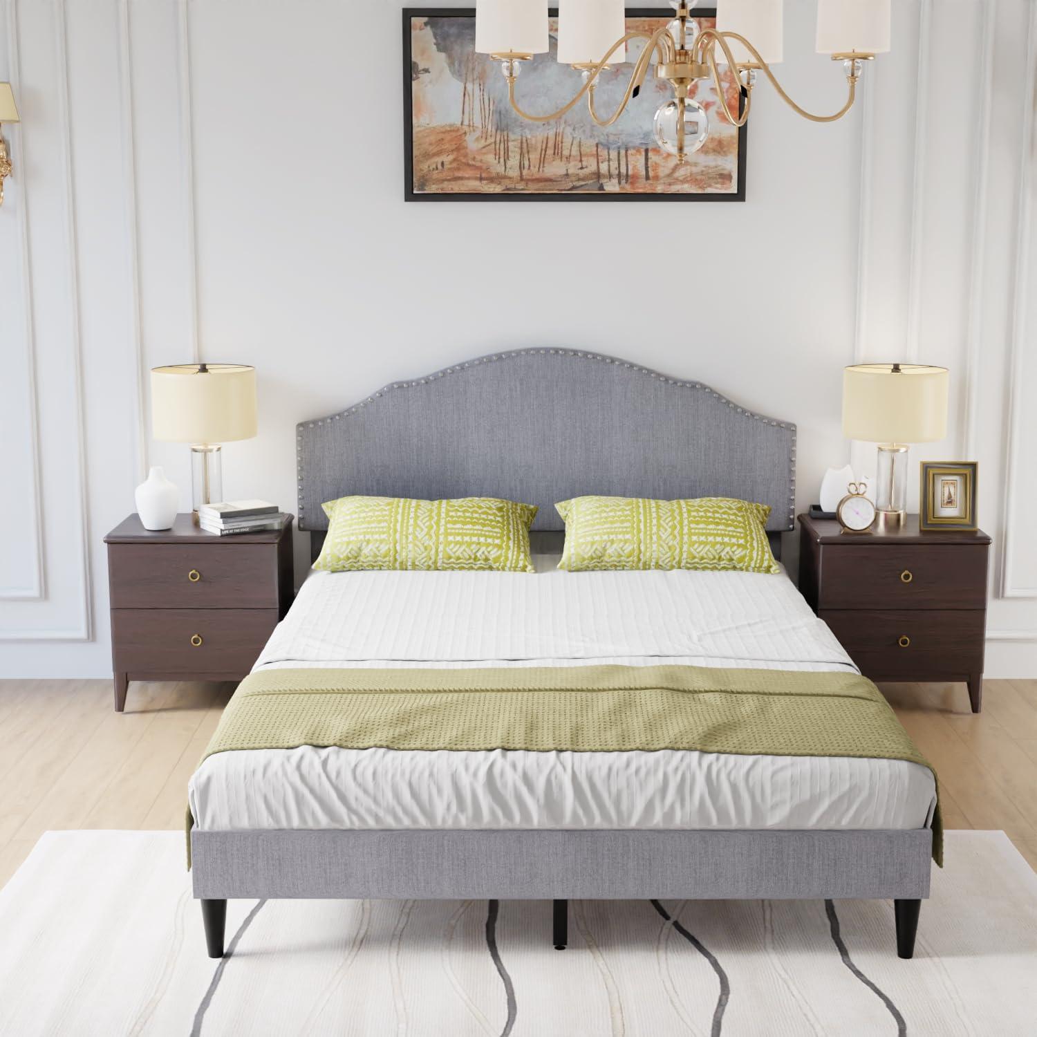 PayLessHere Upholstered Full Platform Bed Frame with Fabric Headboard and Wooden Slats Support, Fully Upholstered No Box Spring Needed Non-Slip and Noise-Free, Full