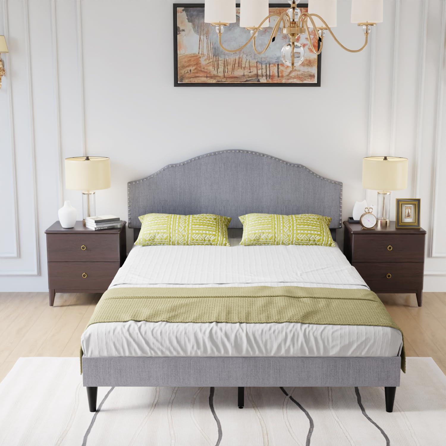 PayLessHere Upholstered Full Platform Bed Frame with Fabric Headboard and Wooden Slats Support, Fully Upholstered No Box Spring Needed Non-Slip and Noise-Free, Full