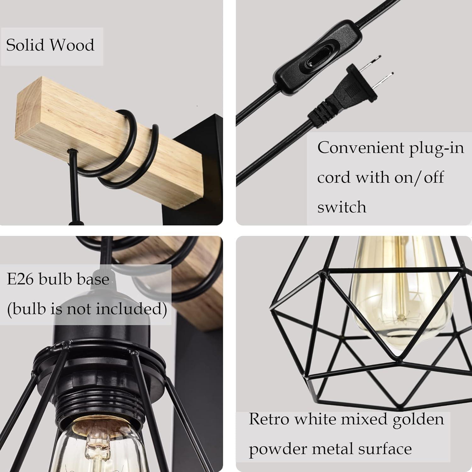 Black and Wood Plug-In Wall Sconce Set with Cage Shade