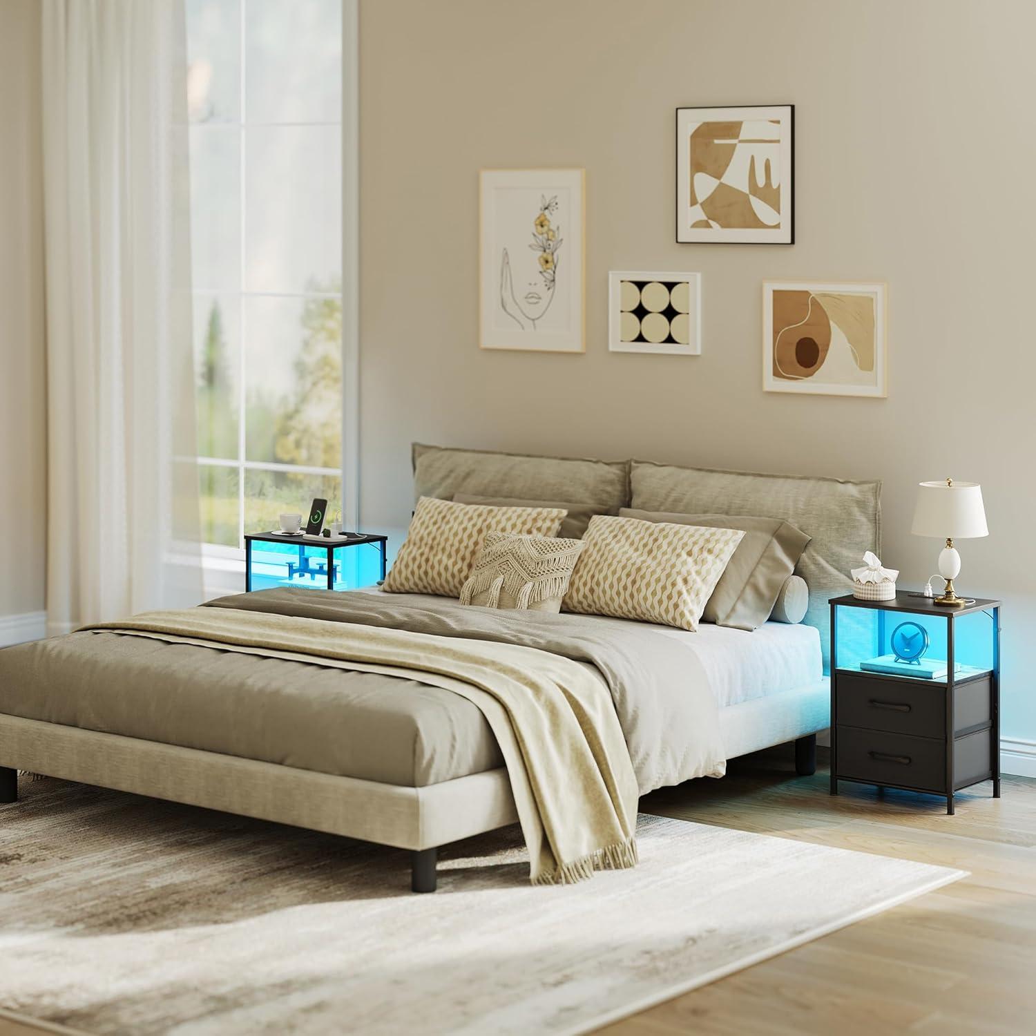 End Table with Charging Station, Narrow Side Table with 2 Fabric Drawers, Skinny Nightstand with LED Light, Slim Bedside Table for Bedroom, Living Room, Small Spaces, White