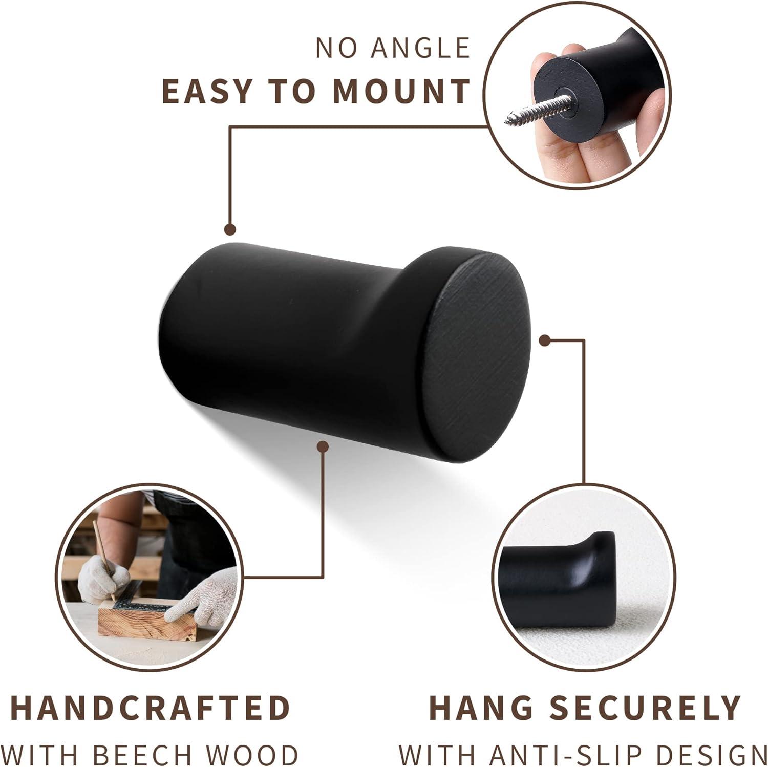 Wooden Black Wall Hooks - Pack of 4 - Wall Mounted Decorative Hook - Modern Wood Pegs for Hanging Hat, Coat, Towel - Purse and Backpack Hanger for Entryway