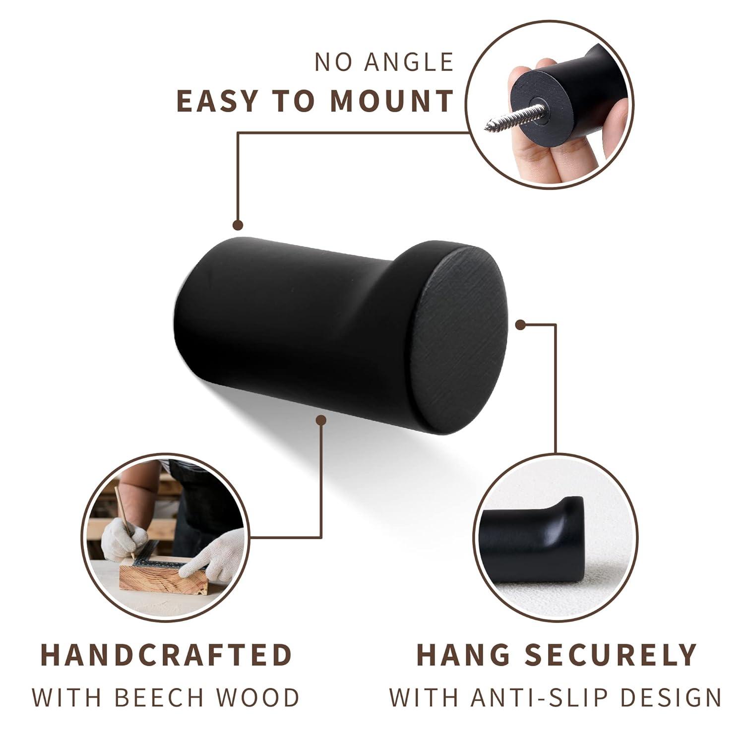 Wooden Black Wall Hooks - Pack of 4 - Wall Mounted Decorative Hook - Modern Wood Pegs for Hanging Hat, Coat, Towel - Purse and Backpack Hanger for Entryway