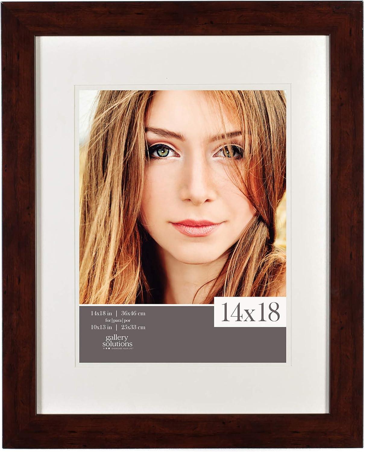 Gallery Solutions 14"x18" Walnut Picture Frame: Double Mat, Glass, Wood, Wall Mount, 10"x13" Photo Display