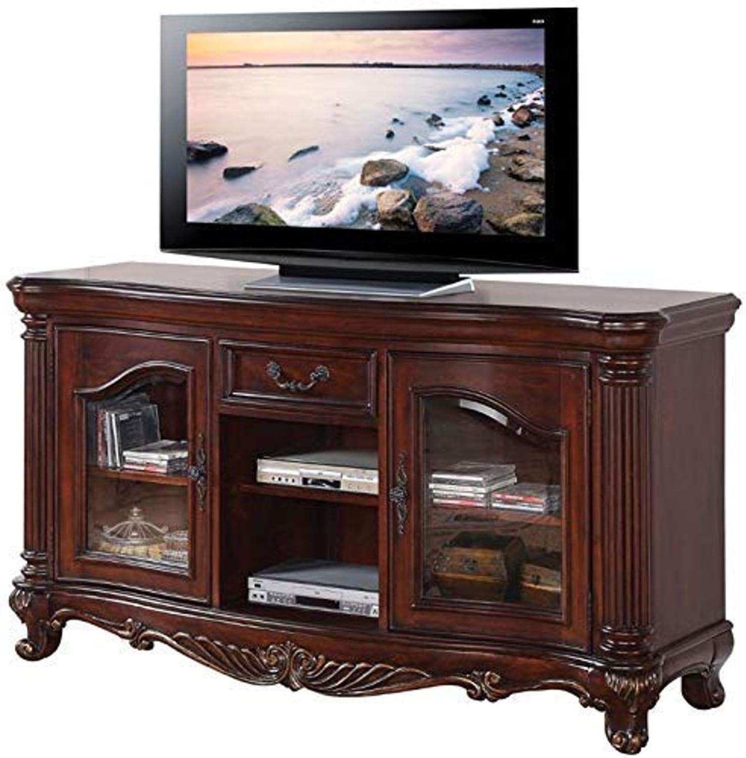 Elegant Remington Cherry Brown TV Stand with Glass Doors and Drawer