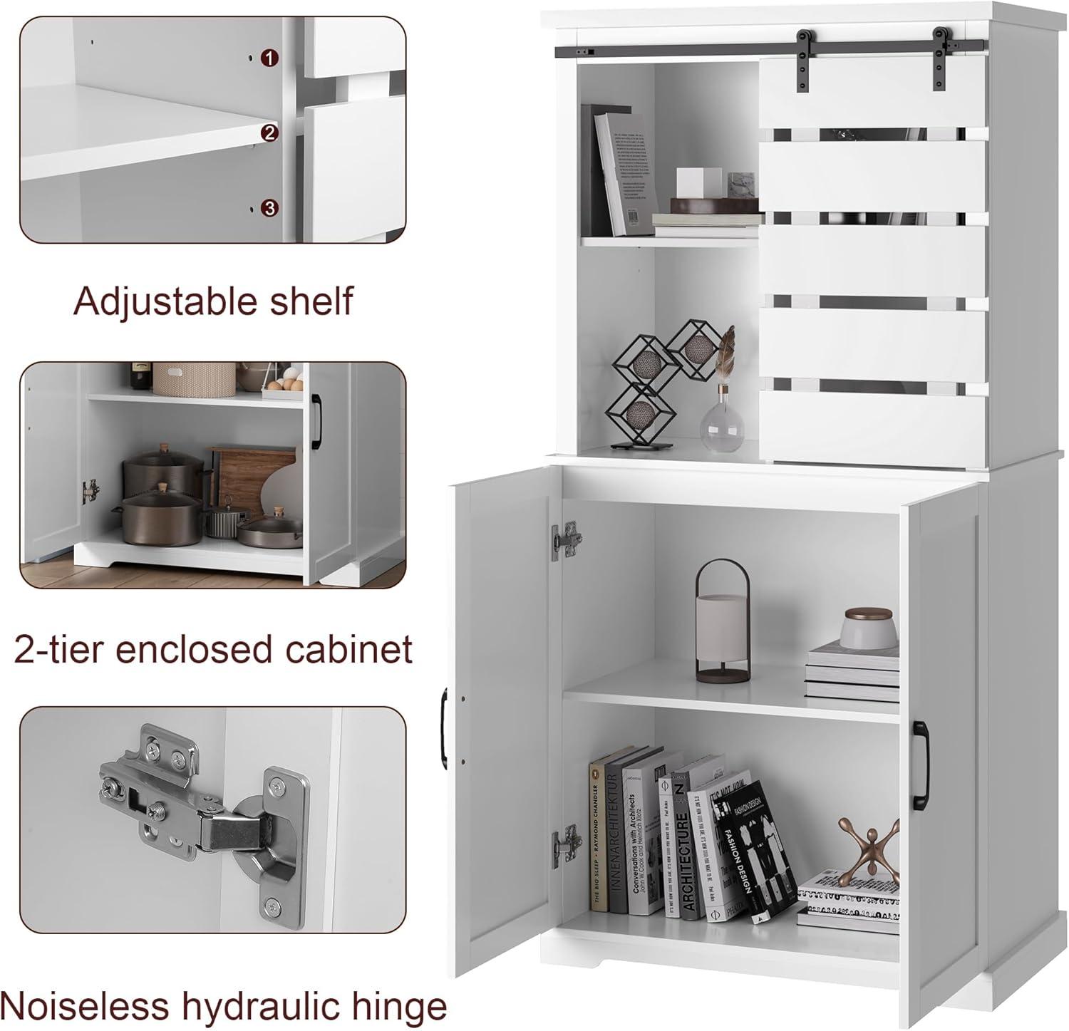 Tall Kitchen Pantry, Large Wood Storage Cabinet with Sliding Barn Door and Adjustable Shelves, Tall Freestanding Cupboard for Dining Room, Living Room, Laundry, White