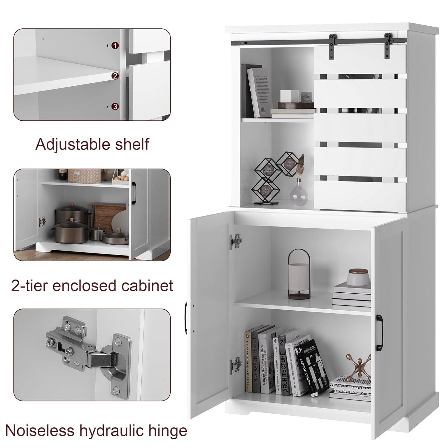 Tall Kitchen Pantry, Large Wood Storage Cabinet with Sliding Barn Door and Adjustable Shelves, Tall Freestanding Cupboard for Dining Room, Living Room, Laundry, White