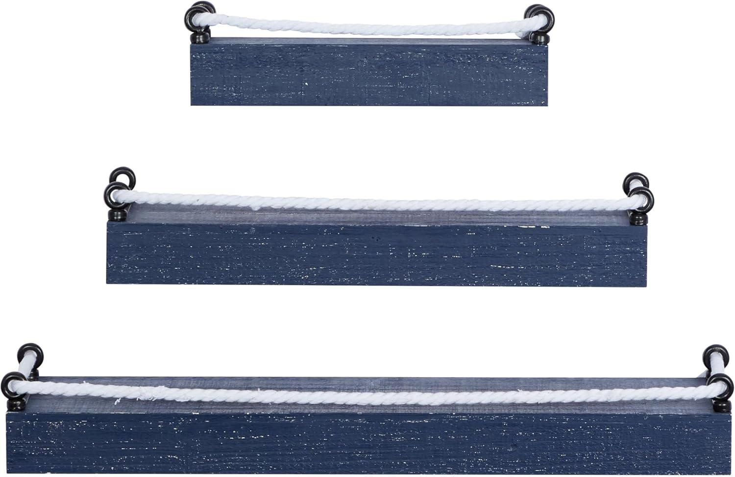 Blue and White Nautical Wood Floating Wall Shelves, Set of 3