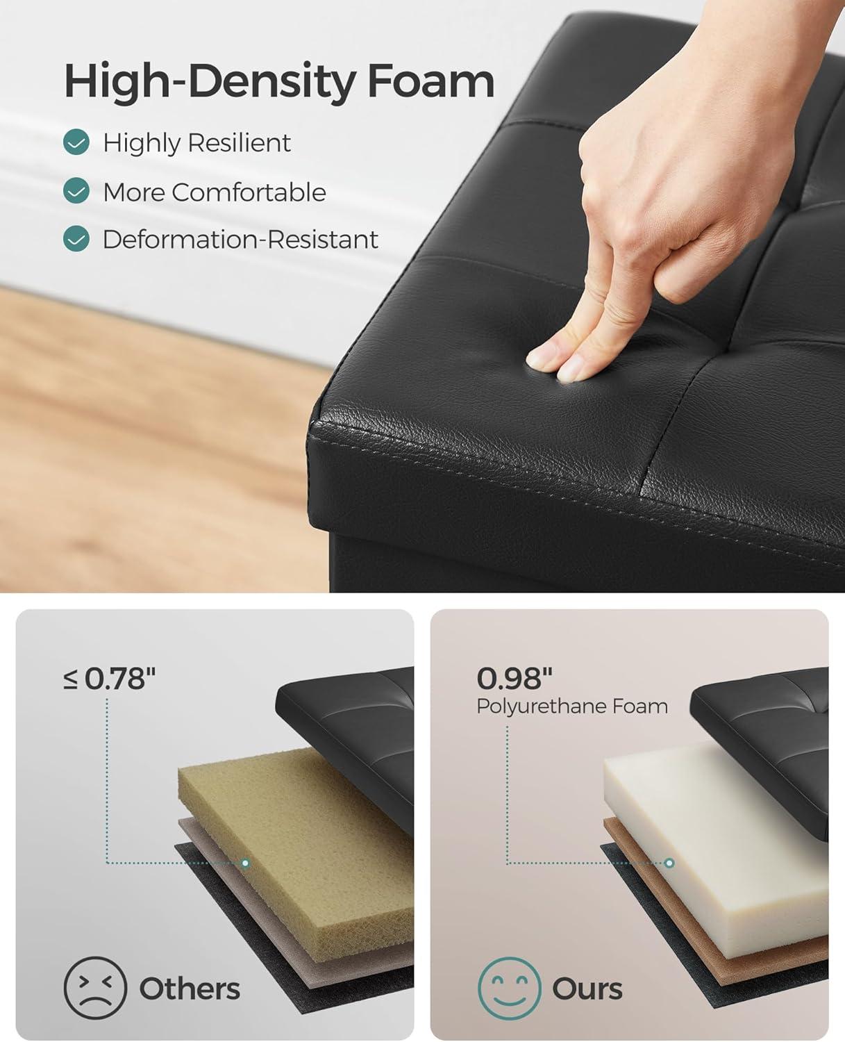 SONGMICS 43" Folding Storage Ottoman Bench Leather Ottoman Storage Footrest Hold up to 660lb Black