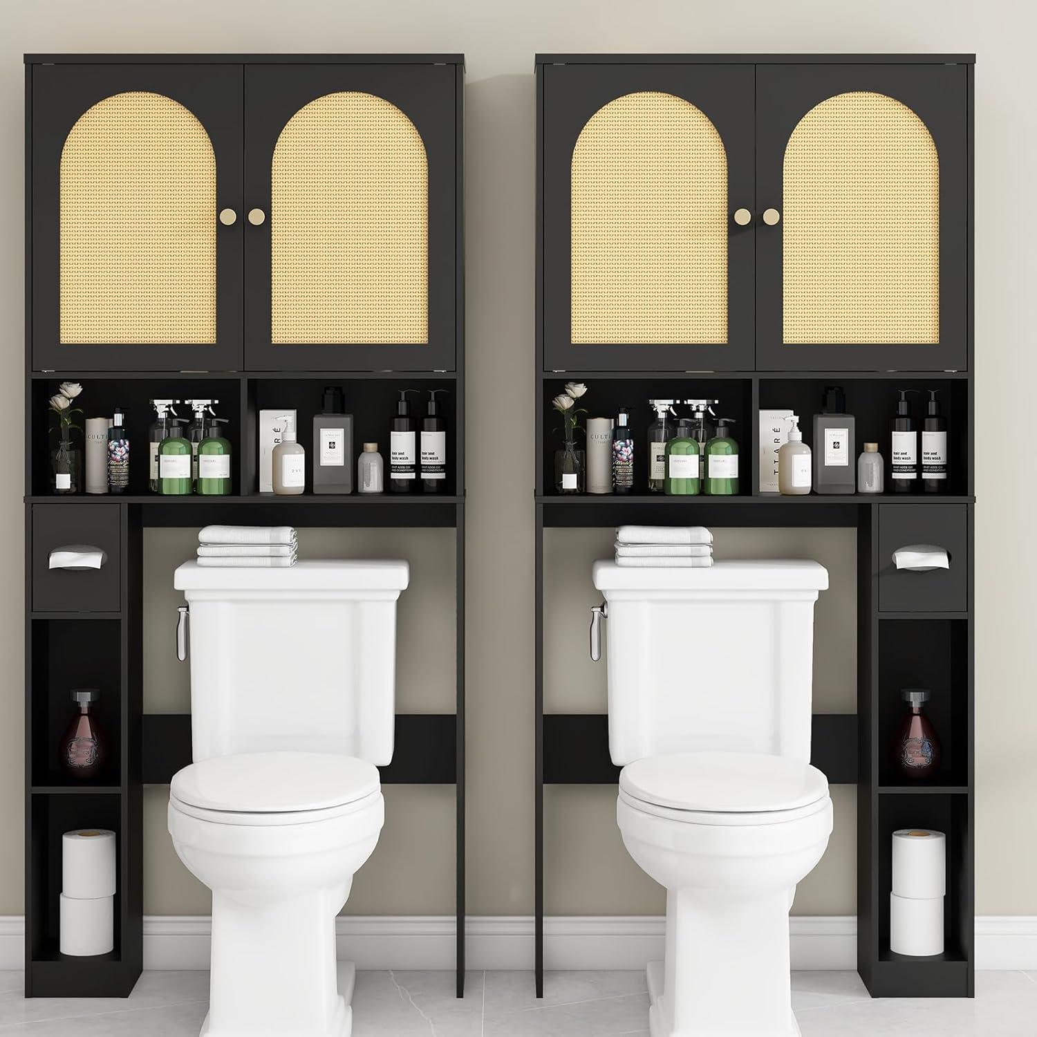 Bayou Breeze Over The Toilet Storage Cabinet, Rattan Storage Cabinet with 2 Doors & Toilet Paper Holder Stand, Freestanding Toilet Rack Space Saving and Adjustable Shelf