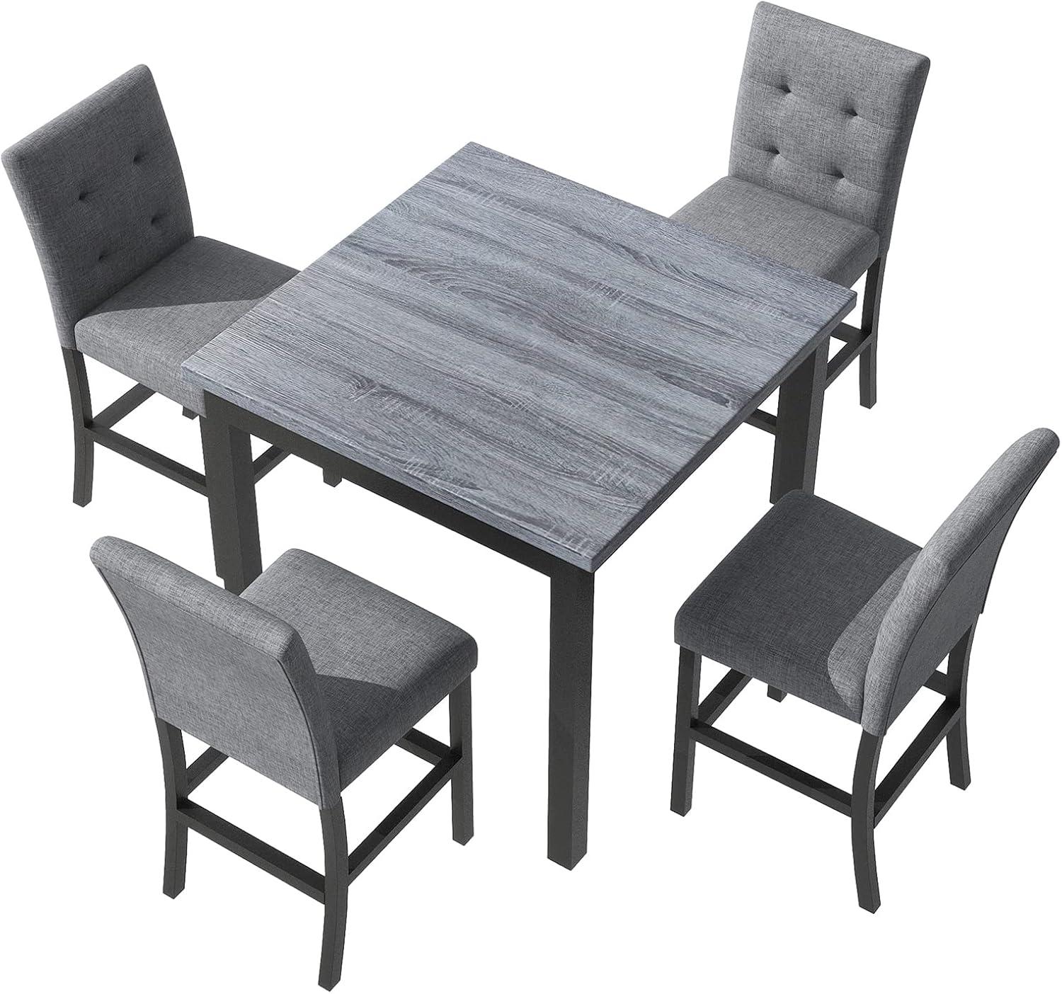 5-Piece Counter Height Dining Set, Includes 1 Solid Wood Table and 4 Upholstered High-Back Chairs w/Footrest for Kitchen, Diningroom, Living Room, Easy to Assemble