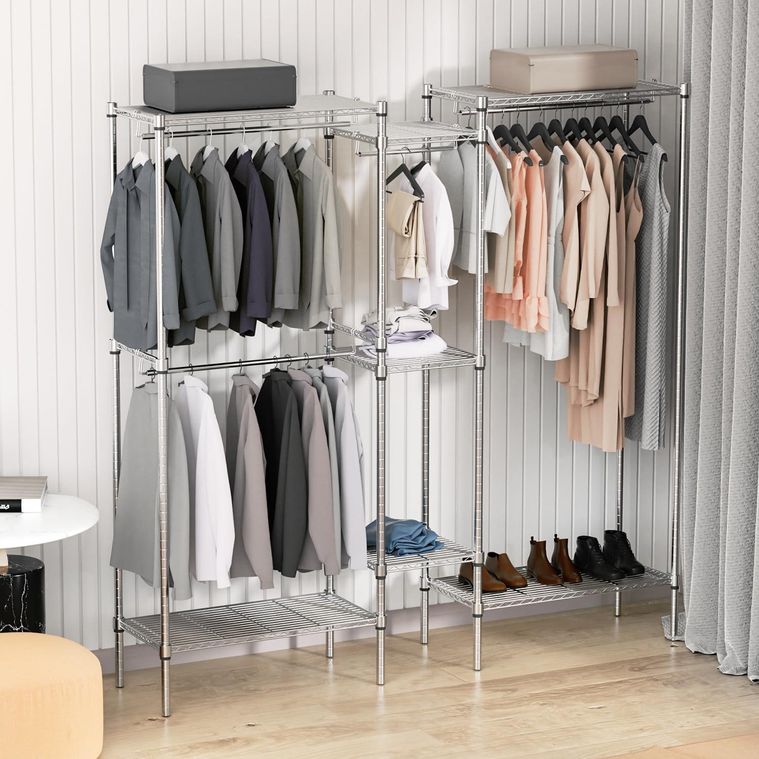 Silver Heavy Duty Freestanding Metal Garment Rack with Adjustable Shelves