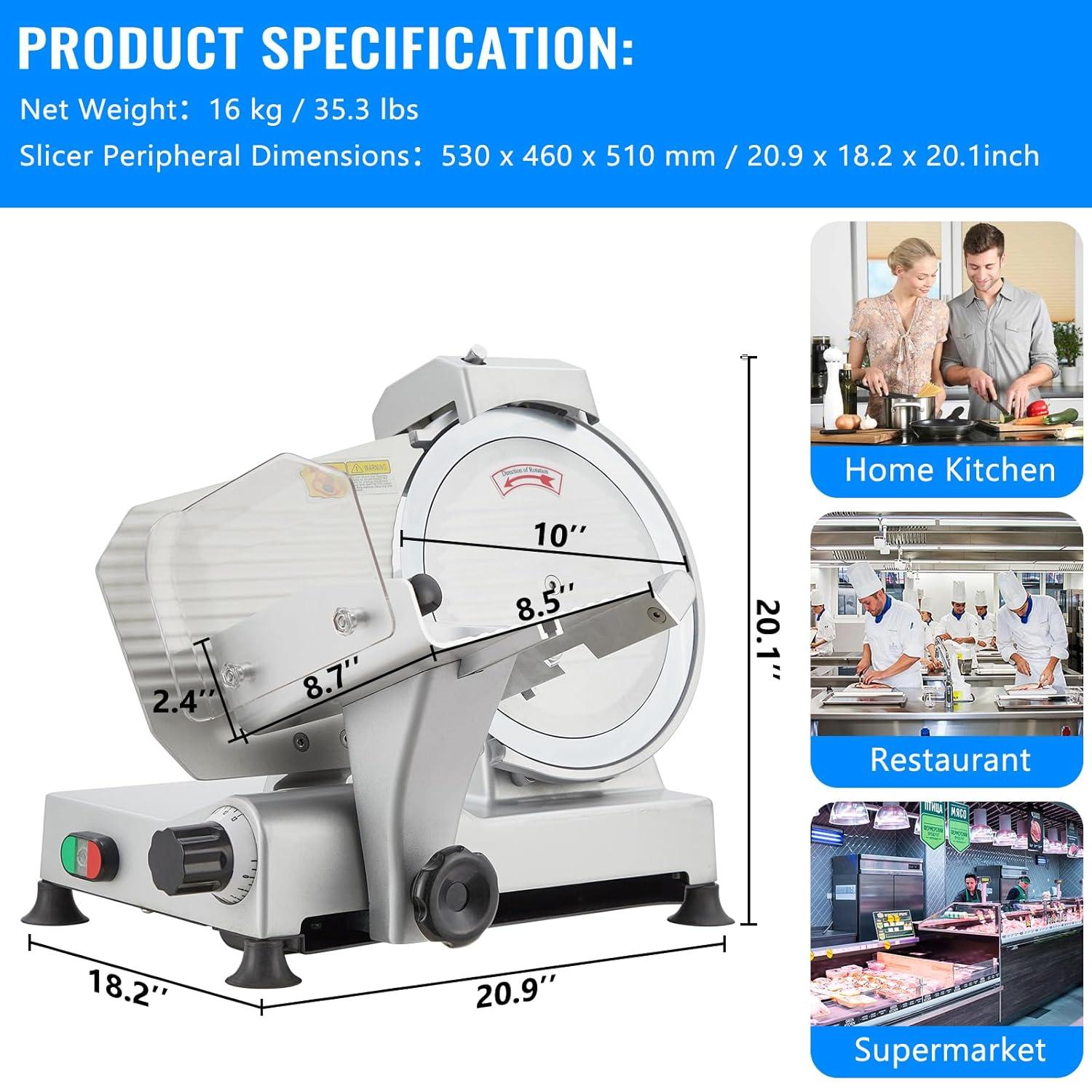 Meat Slicer, 240W Electric Food Slicer with 10" Stainless Steel Blade and Built-in Sharpening Stone, Adjustable Thickness Meat Slicer for Home and Commercial Use to Cuts Meat, Bread and Cheese