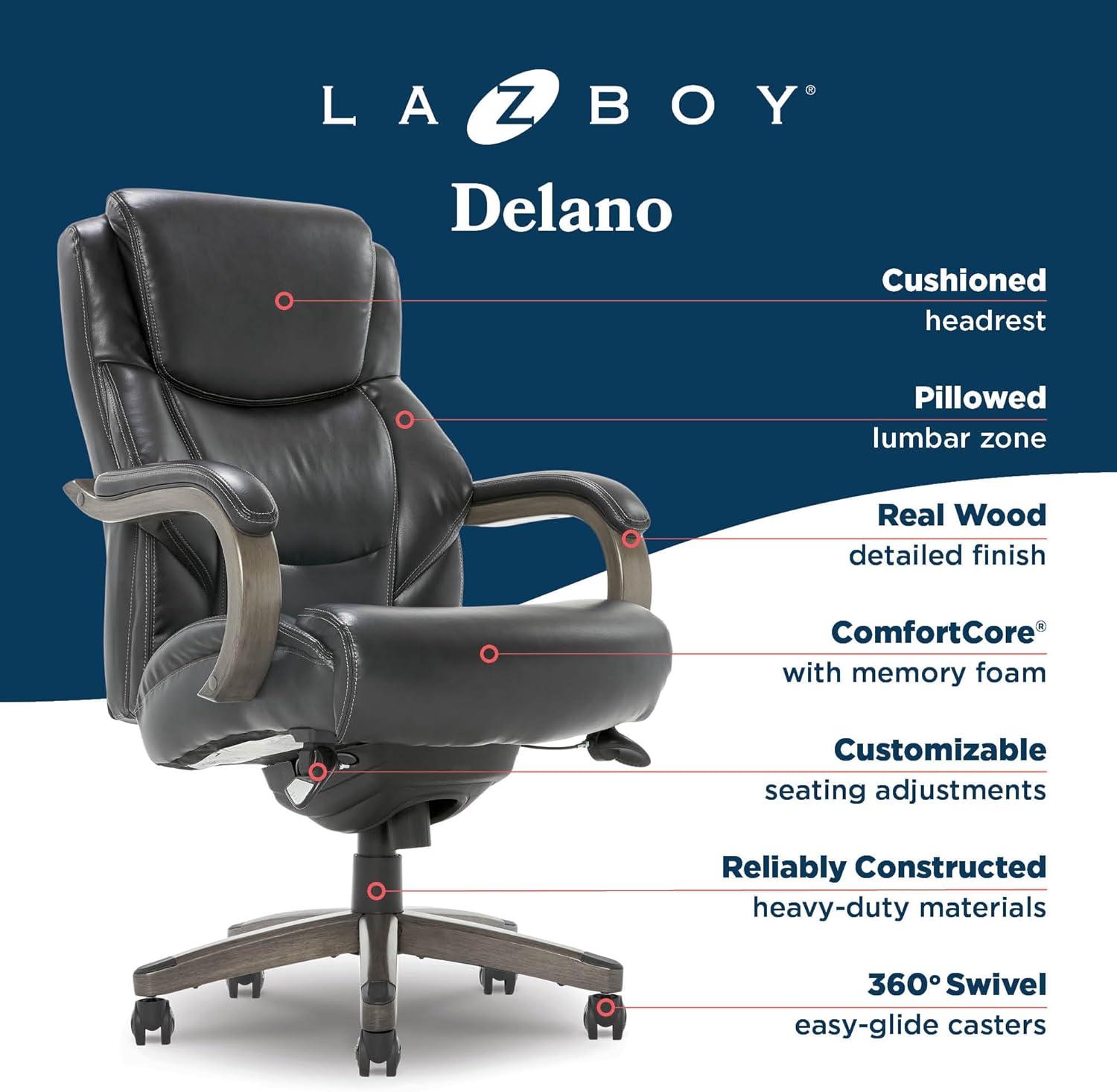 Delano Big & Tall Bonded Leather Executive Office Chair Gray - La-Z-Boy: Ergonomic, Adjustable, Wood Accents