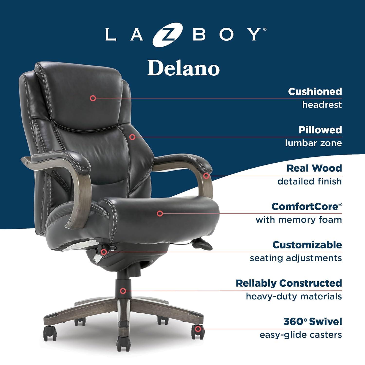 Delano Big & Tall Bonded Leather Executive Office Chair Gray - La-Z-Boy: Ergonomic, Adjustable, Wood Accents
