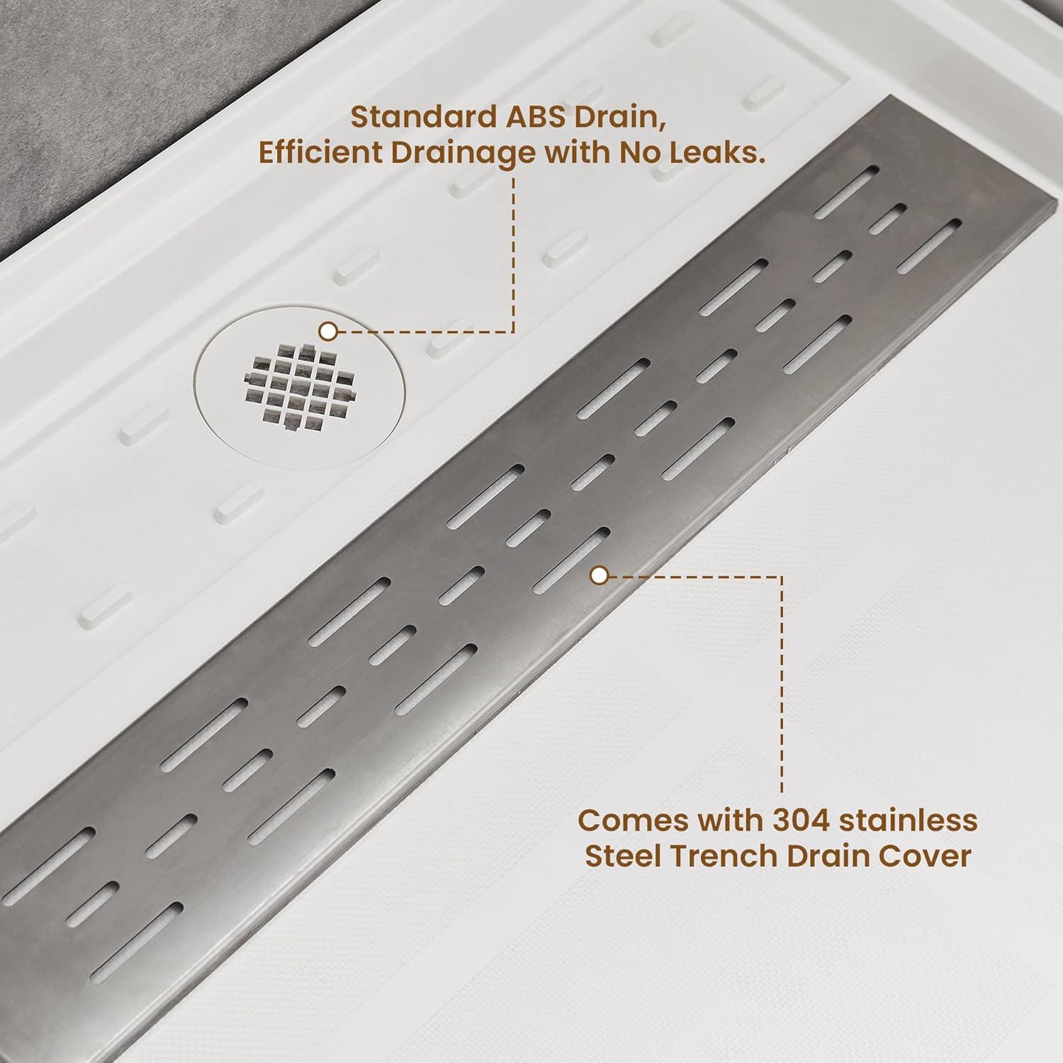 CASAINC 60"W 30/32"D Single Threshold SMC Shower Base Anti-Slip Shower Pan with Drain Assembly & Drain Cover CABR2501WH6030R