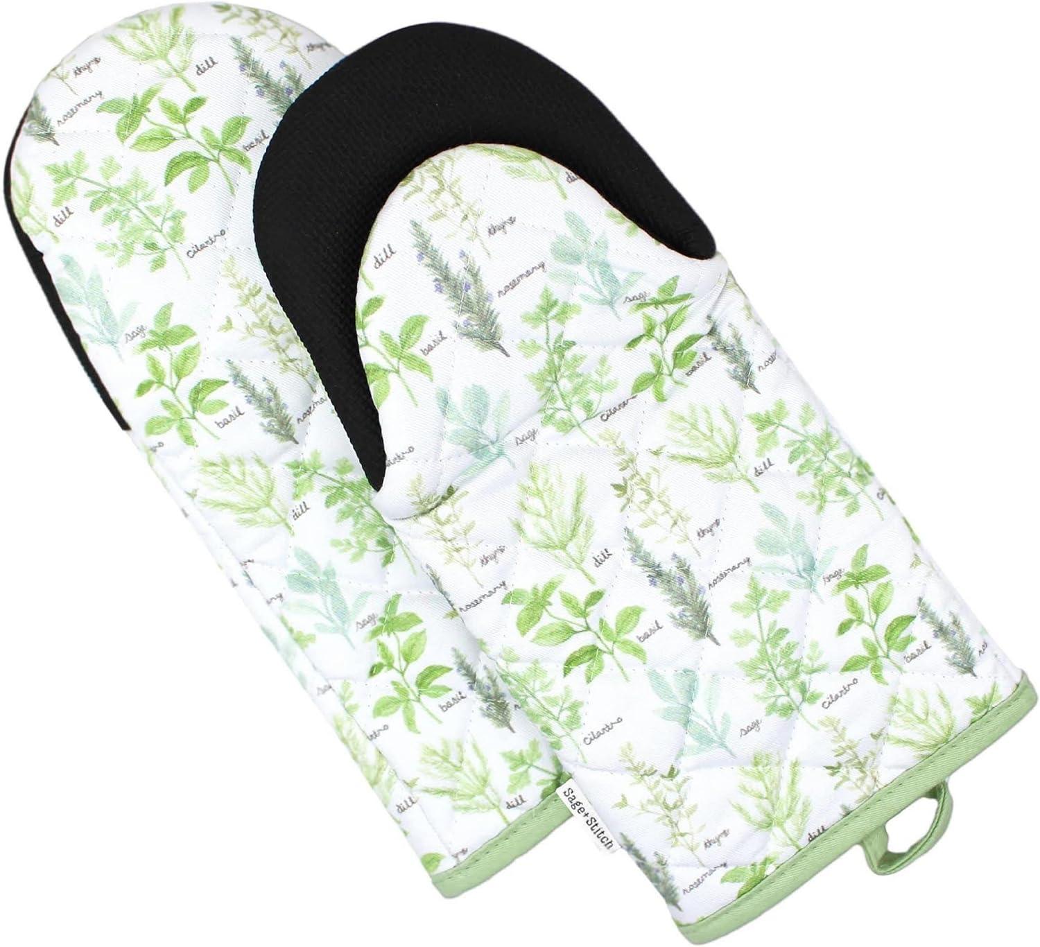 Green Herb Print Cotton Oven Mitts with Neoprene Grips