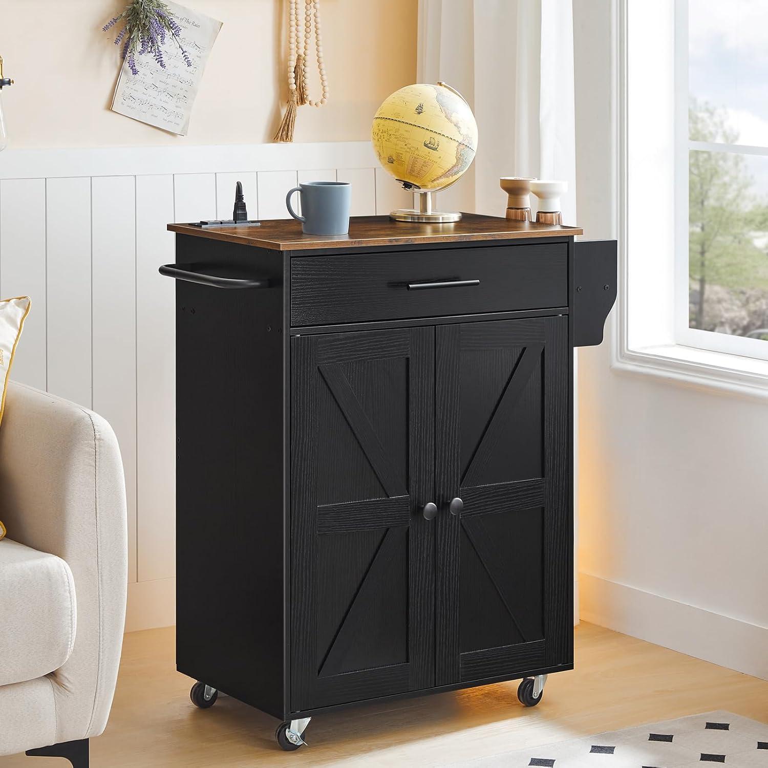 Rustic Brown and Black Rolling Kitchen Island with Power Outlet