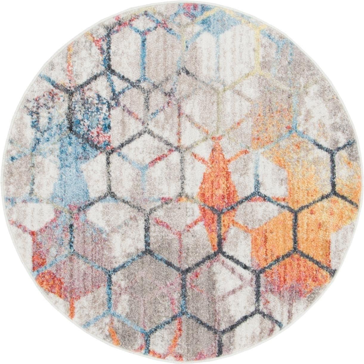 White Geometric Round Shag Rug with Multicolor Accents