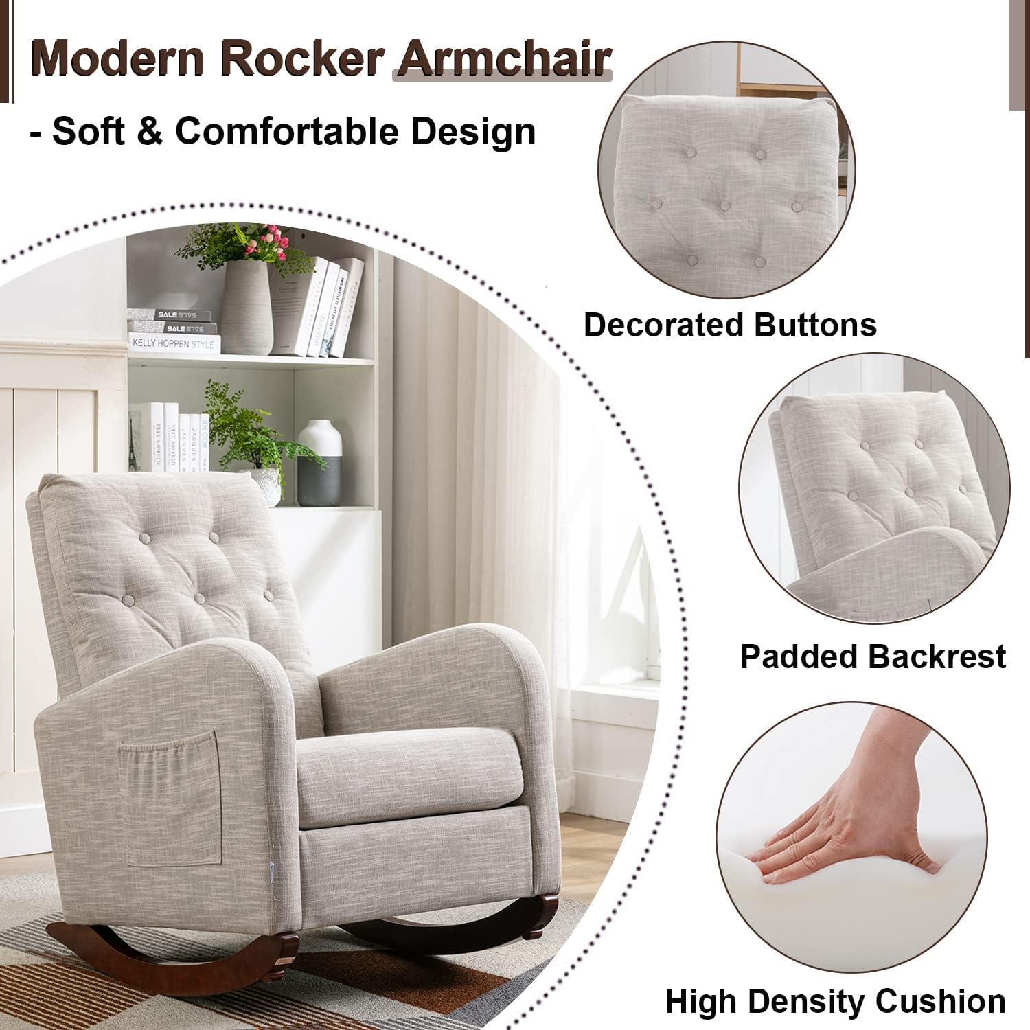 Antetek Modern Accent Rocking Chair, Upholstered Nursery Glider Rocker, Comfy Armchair with Side Pocket, Living Room Lounge Arm Chair, High Backrest with Decorative Buttons, Dark Grey