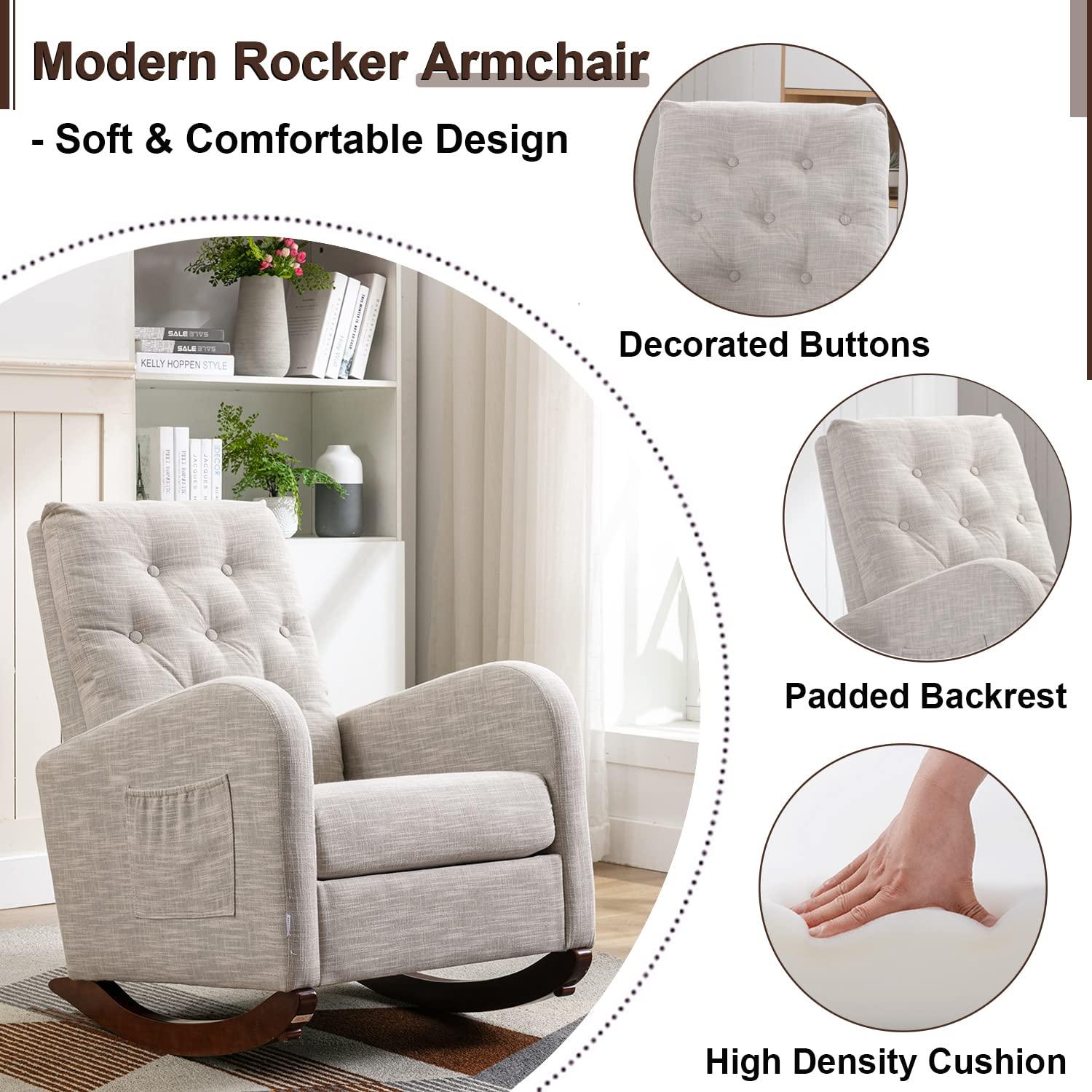 Antetek Modern Accent Rocking Chair, Upholstered Nursery Glider Rocker, Comfy Armchair with Side Pocket, Living Room Lounge Arm Chair, High Backrest with Decorative Buttons, Dark Grey