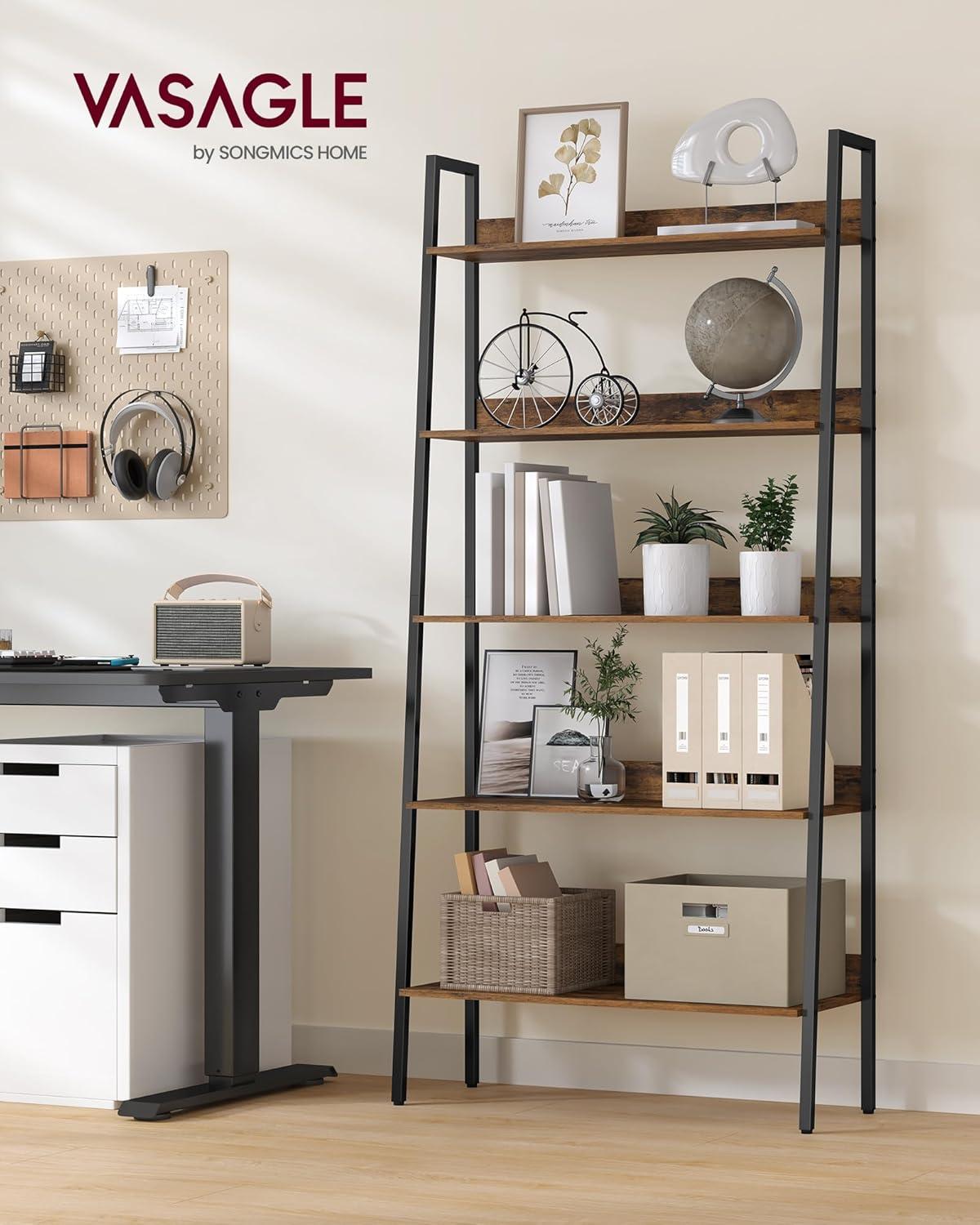 5-Tier Rustic Brown and Black Ladder Bookshelf