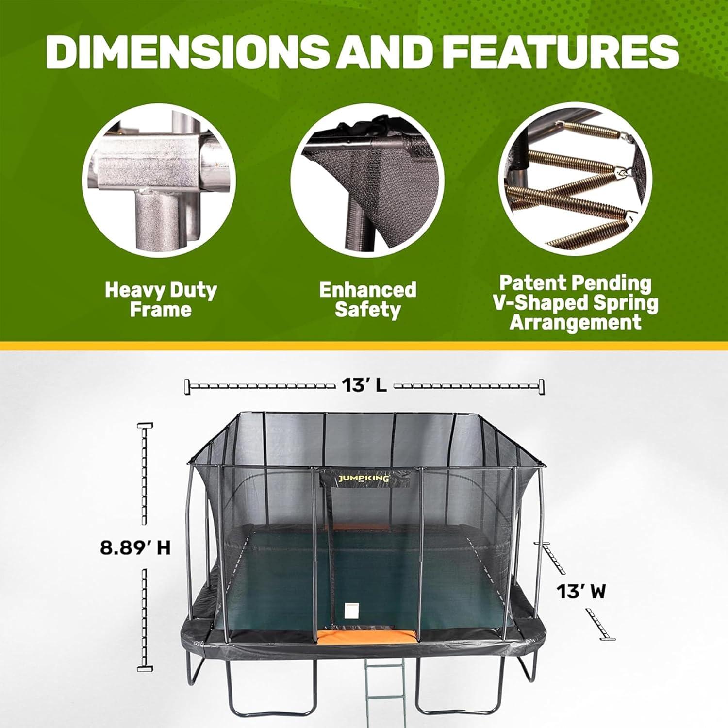 JumpKing 13ft Pro-Series Square Trampoline – Patented Spring Arrangement & Comfort Weave Jumping Pad