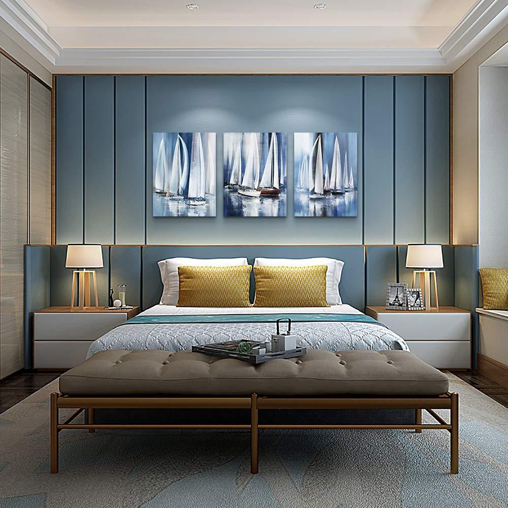 Three-Piece Blue and White Abstract Sailboat Canvas Art