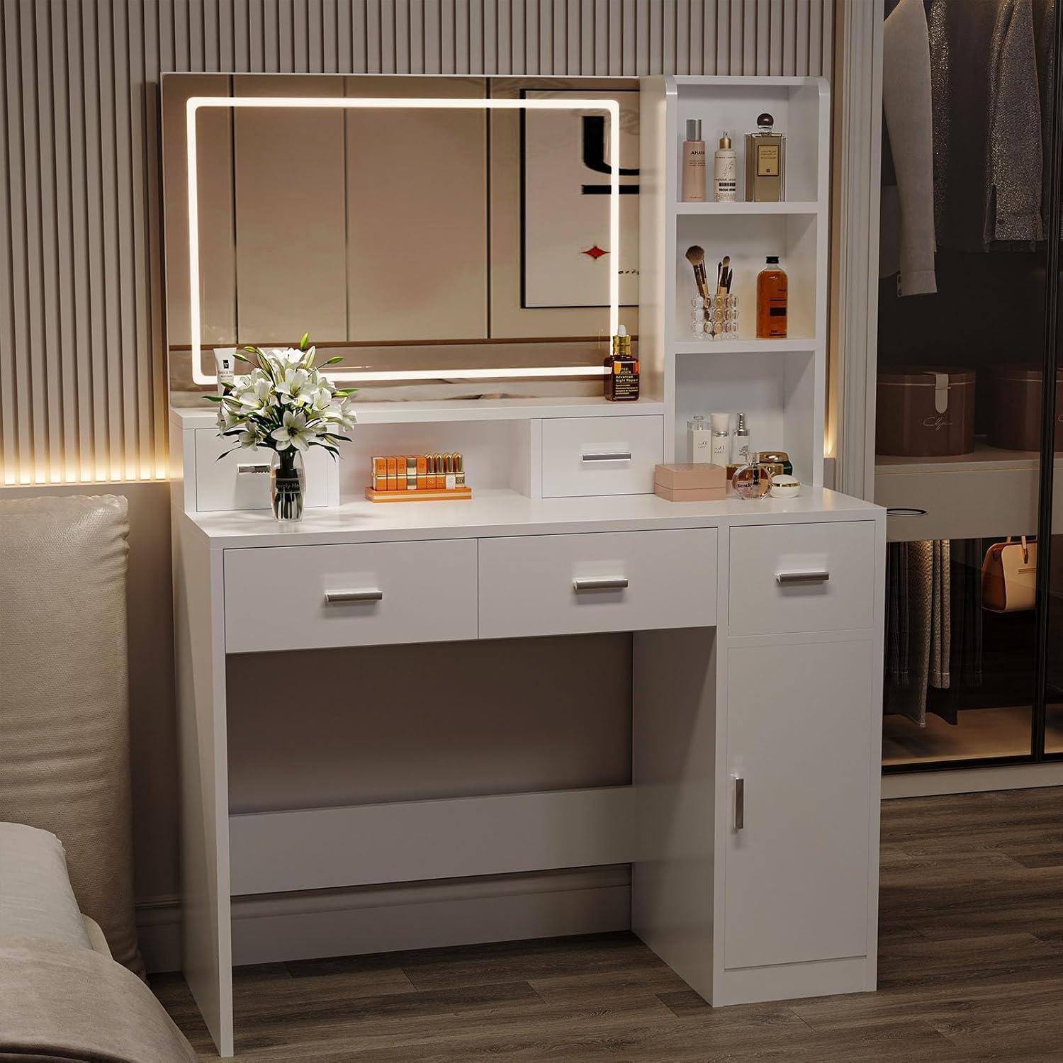 Vanity Desk with Large LED Mirror, Large Vanity Table with Charging Station, Makeup Vanity Desk with Drawers for Bedroom Dressing Room, Women Girls