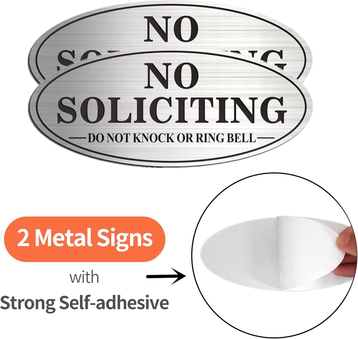 No Soliciting Sign, No Solicitors Sign for Front Door, 2 Pack Self-Adhesive Aluminum Metal No Solitation Do Not Knock or Ring Bell Sign, 7.0 x 3.0 inches Weather Resistant Signs for Home Doorbell Busi