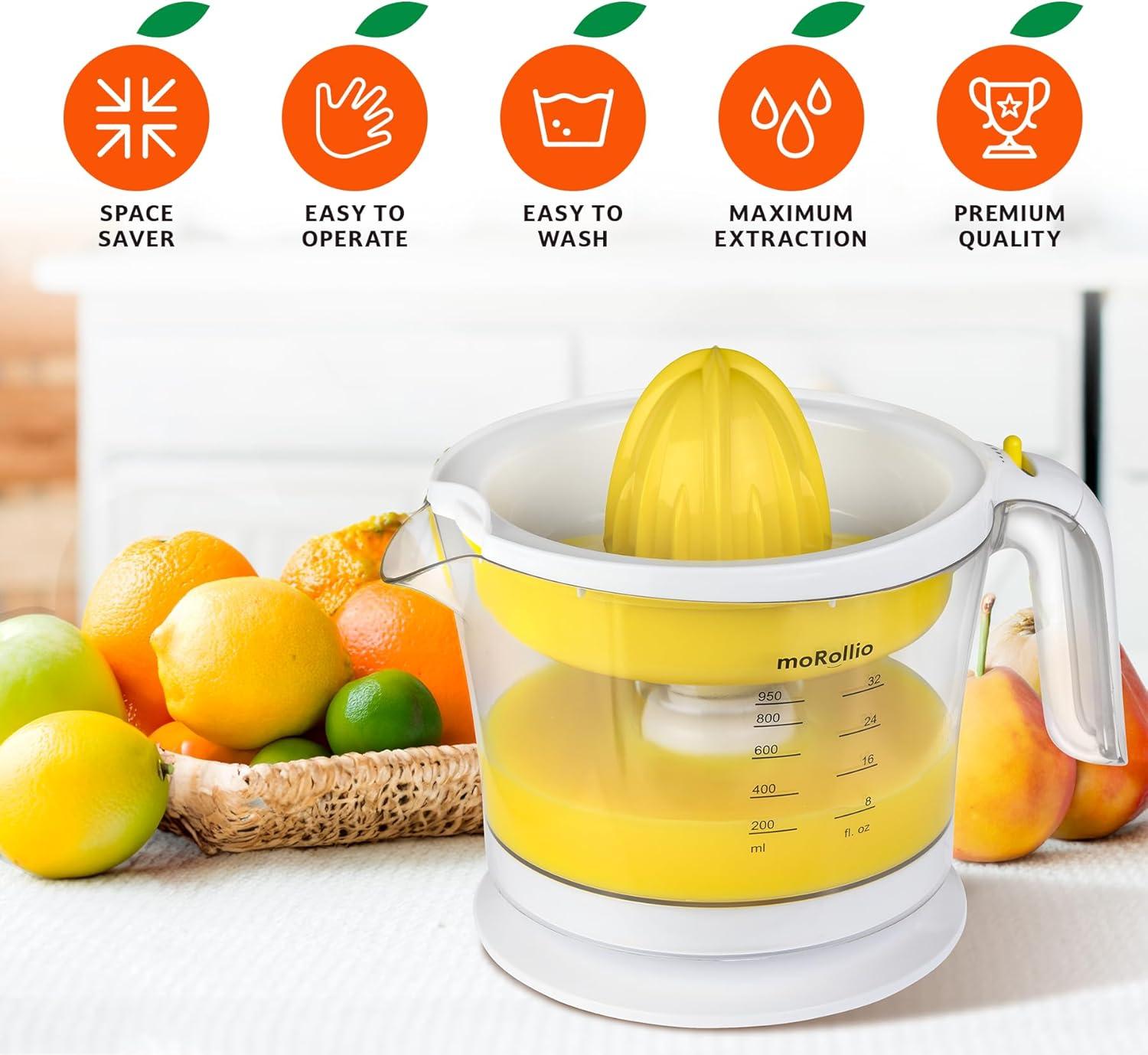 moRollio Citrus Juicer, Orange Juicer | Electric Citrus Juicer, Adjustable Pulp Control, 32oz