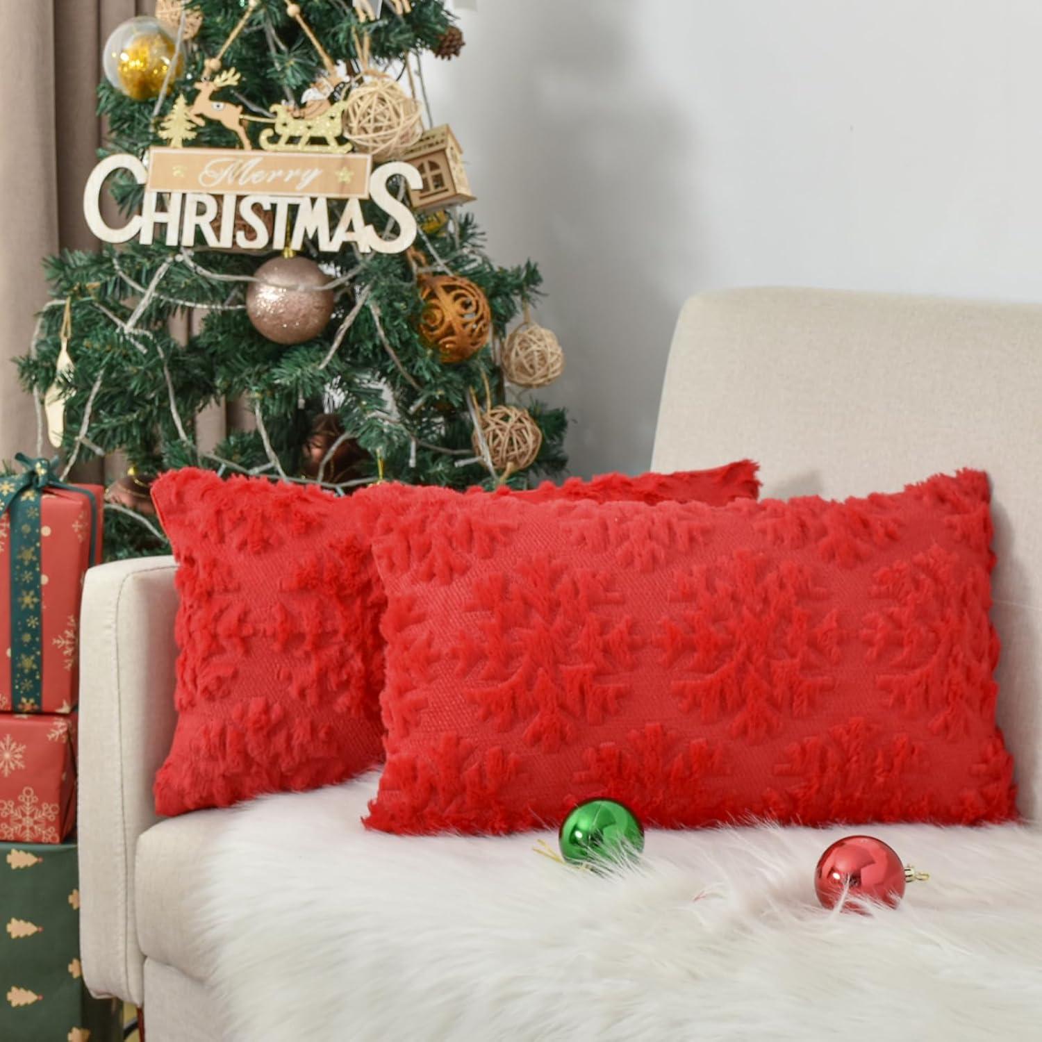 Red Faux Wool Snowflake Decorative Pillow Covers 12x20 Inch Set