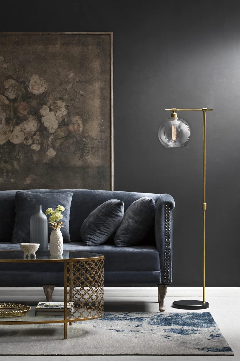 Antique Brass and Black Floor Lamp with Glass Globe