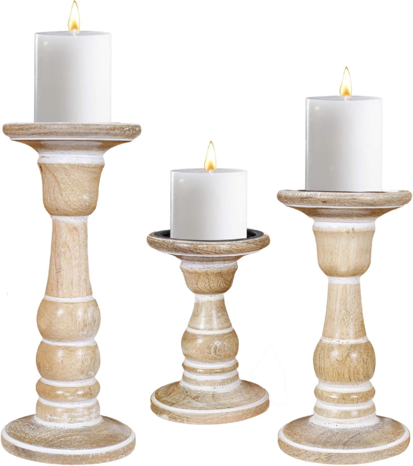 DecMode Traditional and Timeless Mango Wood Pillar Candle Holder Set of 3, 6", 8", 10"H, Cream Finish
