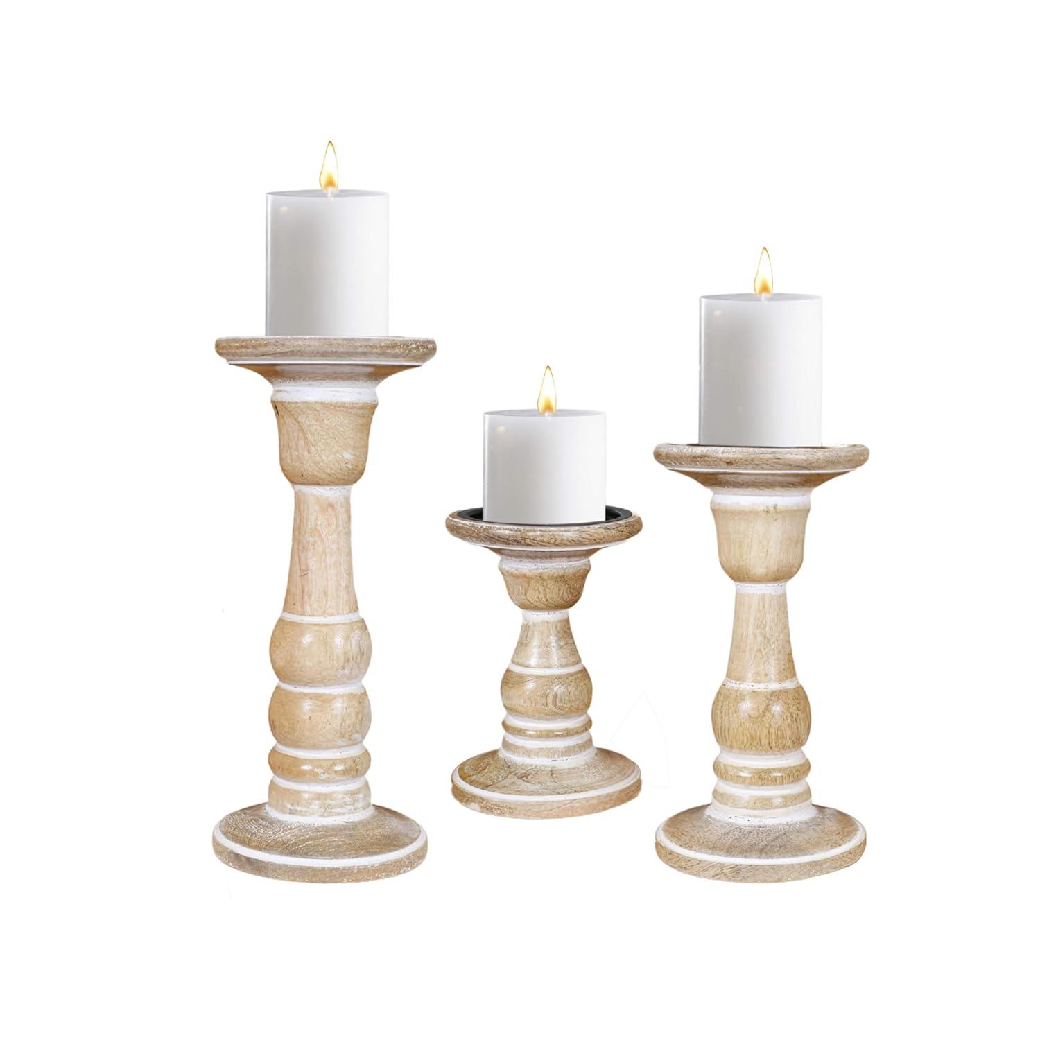 DecMode Traditional and Timeless Mango Wood Pillar Candle Holder Set of 3, 6", 8", 10"H, Cream Finish