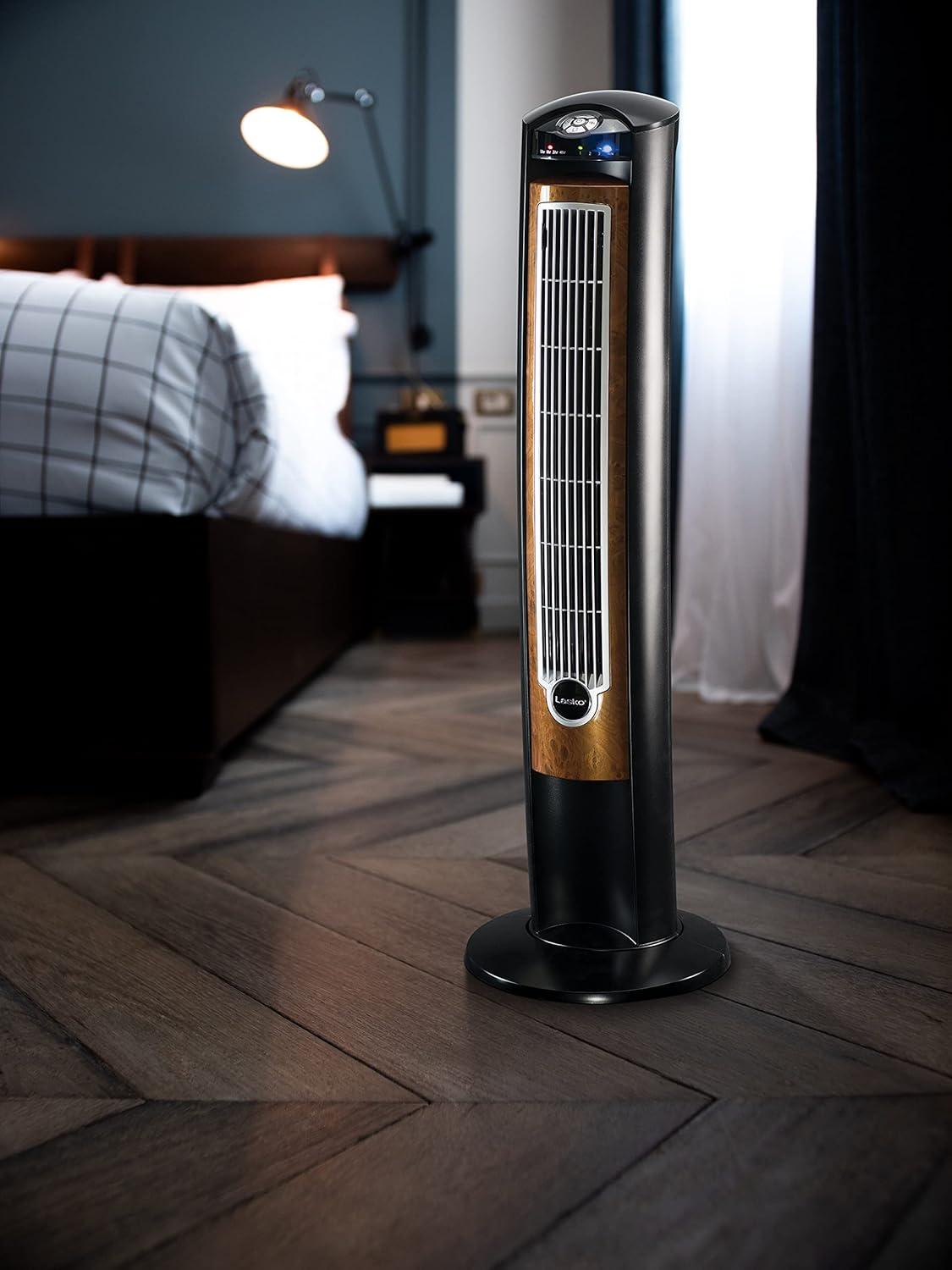 Lasko 42" Wind Curve 3-Speed Tower Fan with Ionizer and Remote, Black/Woodgrain, T42950, New