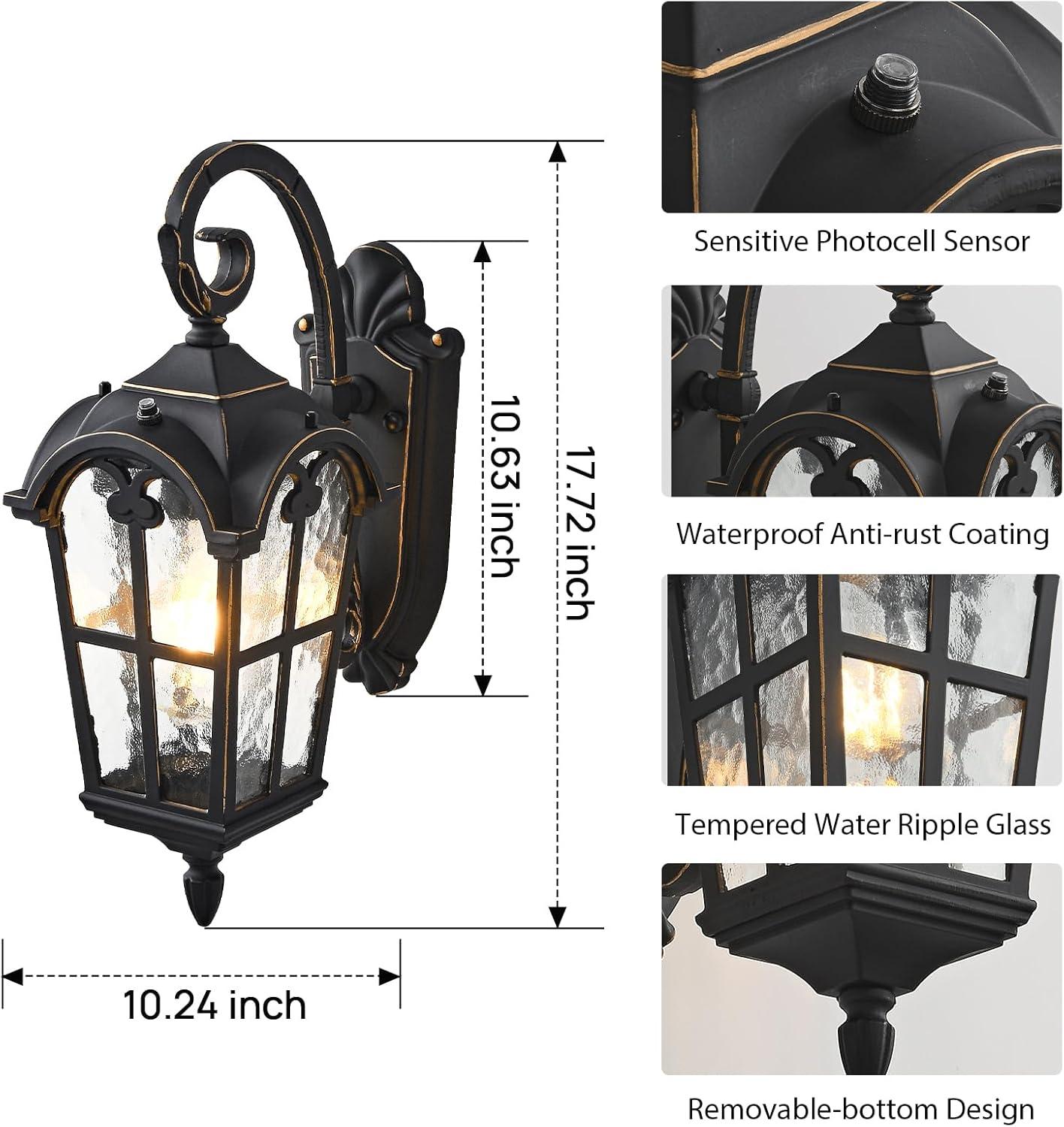 Dusk to Dawn Outdoor Wall Lights 17.1" H Large Exterior Lighting Fixtures Black Porch Light Waterproof Roman Wall Lantern with Water Ripple Glass for House Garage Patio