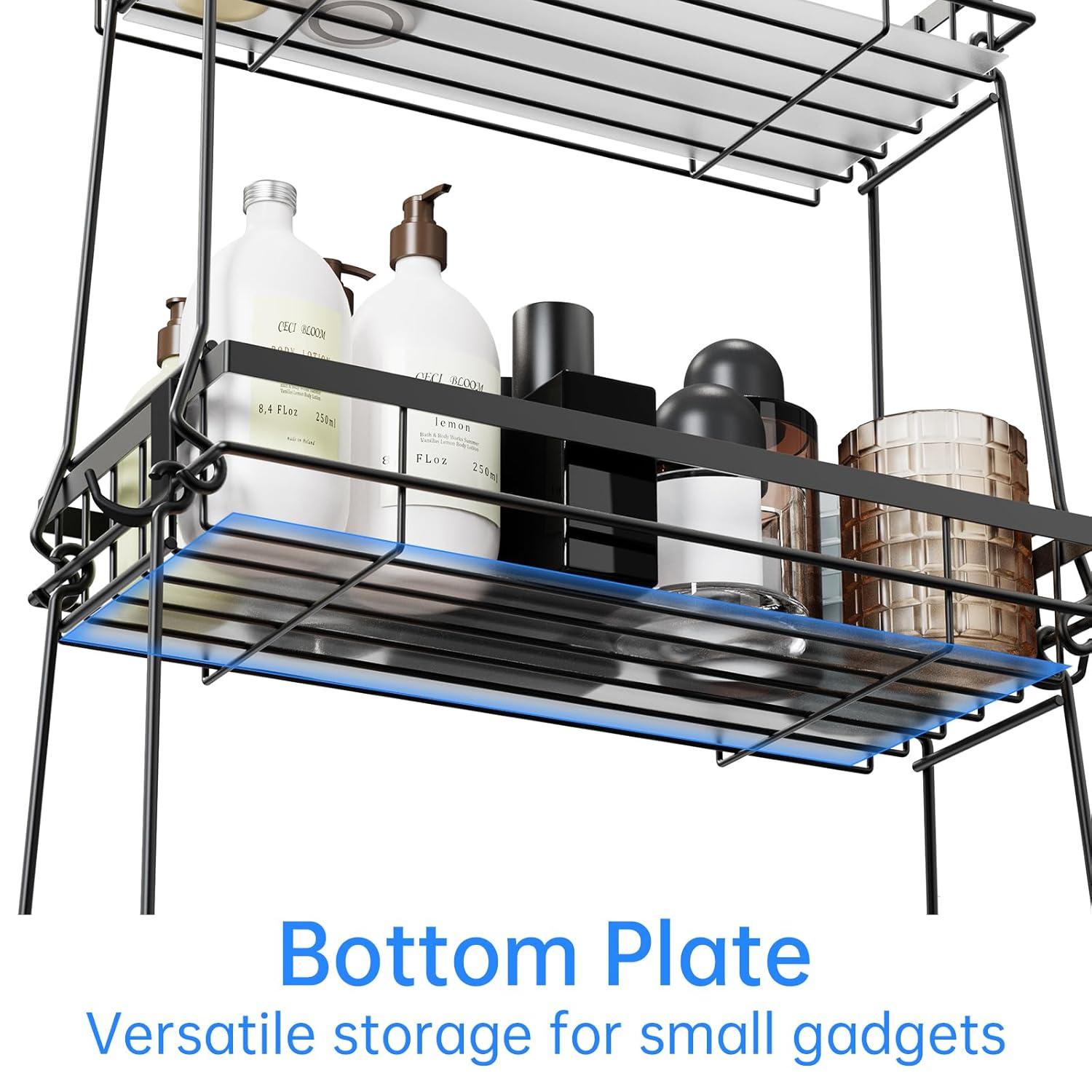 NiHome Waterproof Iron 3-Shelf Bathroom Organizer with Hooks, Black