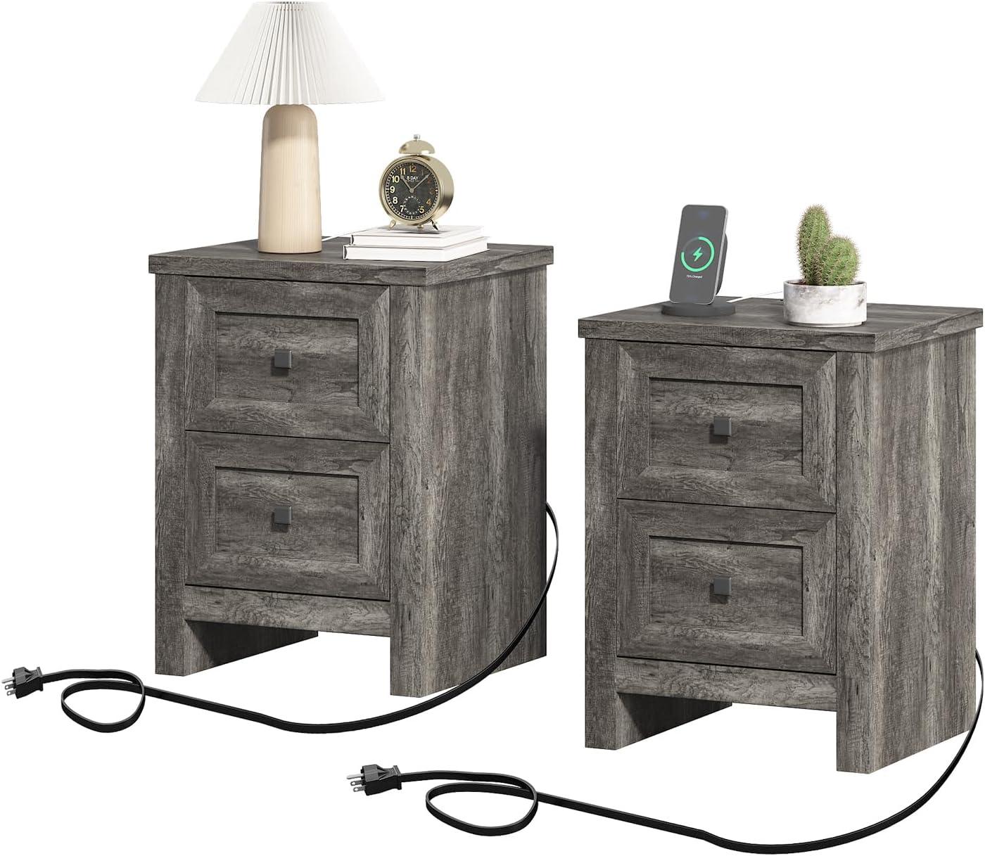 Merluxy Nightstand Set of 2 with Charging Station, Wood End Table with 2 Drawers Storage Cabinet Grey