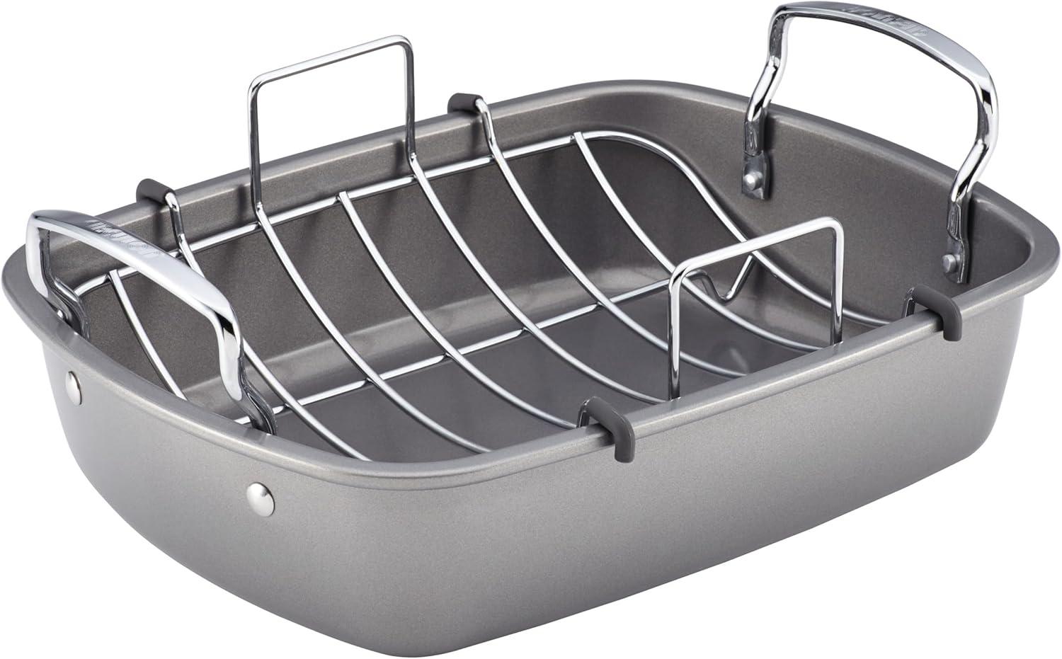 Circulon Bakeware Nonstick Roasting Pan / Roaster with Rack, 17-Inch x 13-Inch, Gray