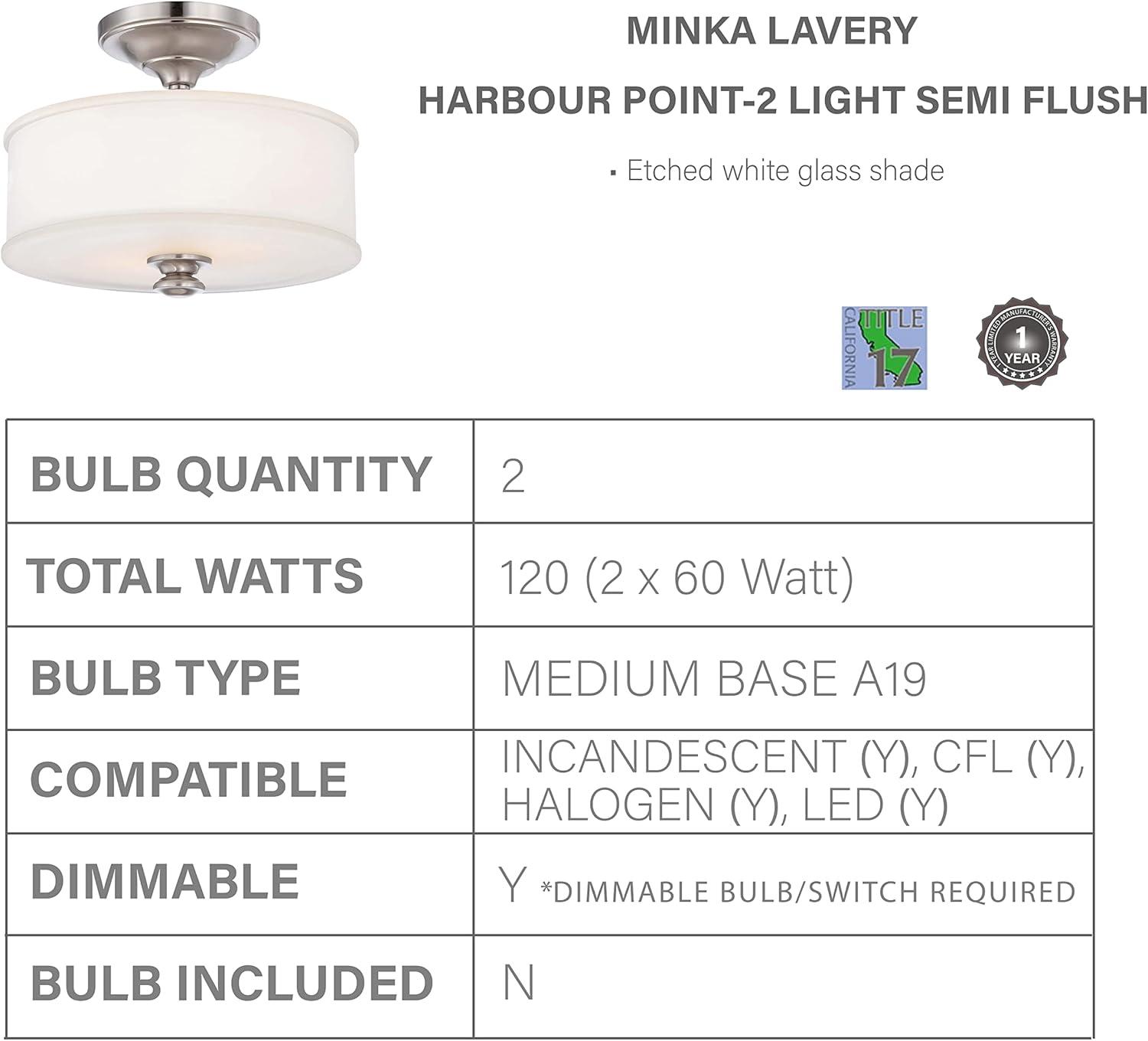 Etched White Glass & Brushed Nickel 2-Light Semi-Flush Ceiling Fixture