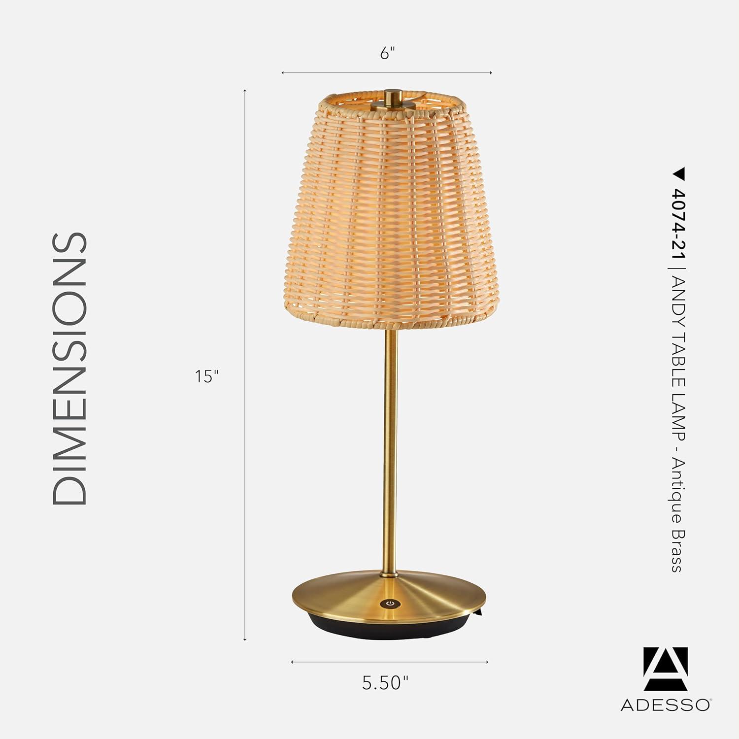 Adesso Benny Cordless Table Lamp (Includes LED Light Bulb) Antique Brass: ETL Listed, Touch Sensor, 3-Way Dimming