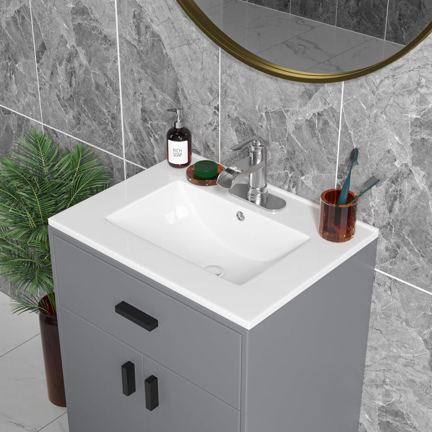 Sarlai 24 Inch Bathroom Vanity Sink Tops - White Drop In Bathroom Sink Ceramic Topmount Rectangular Vanity Top with Overflow