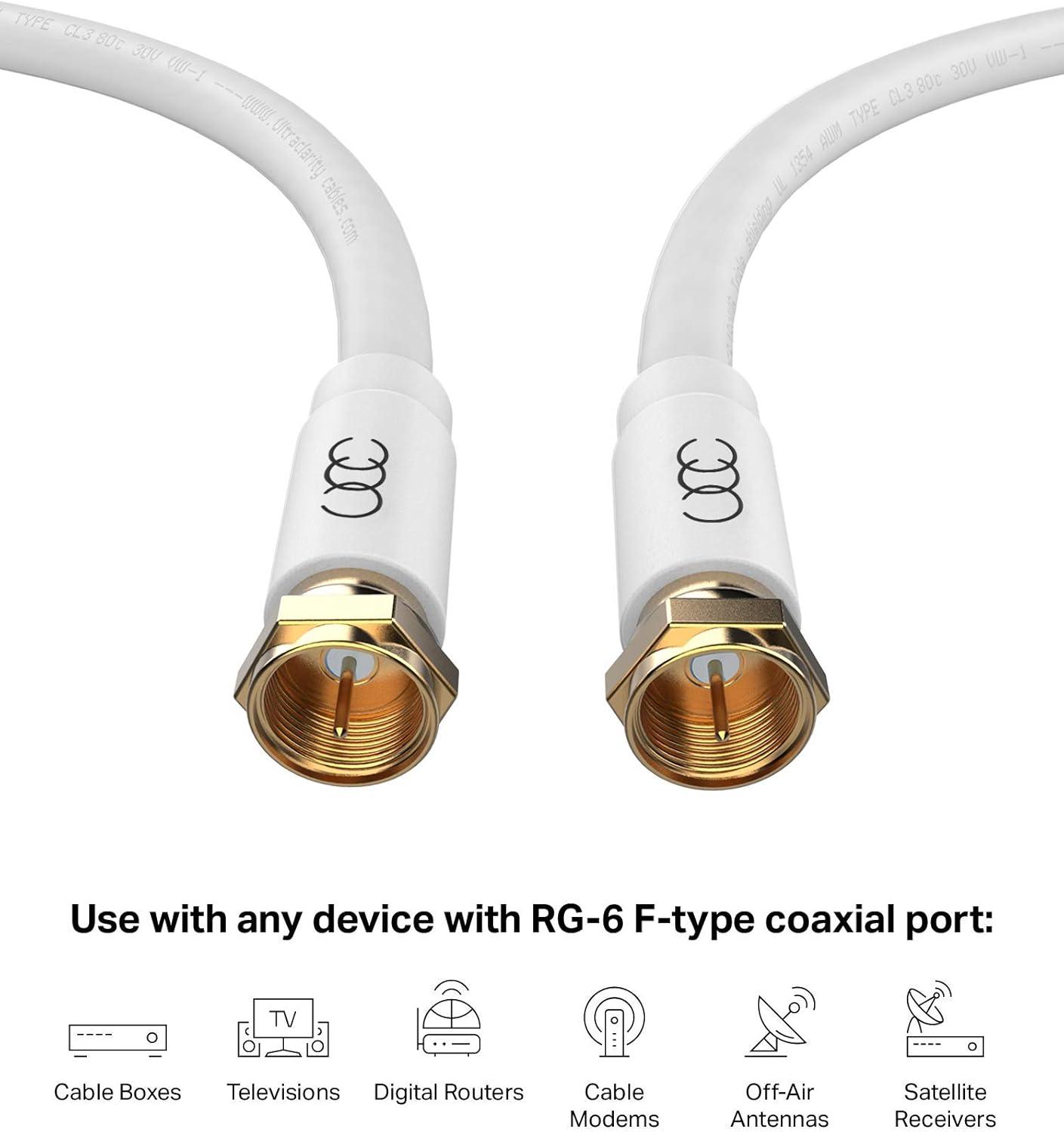 Ultra Clarity Cables Coaxial Cable, Triple Shielded RG6 Coax Cable for TV, In-Wall Rated Gold Plated Connectors Digital Audio Video with Male F Connector Pin, Antenna Cable, White, 6 Feet