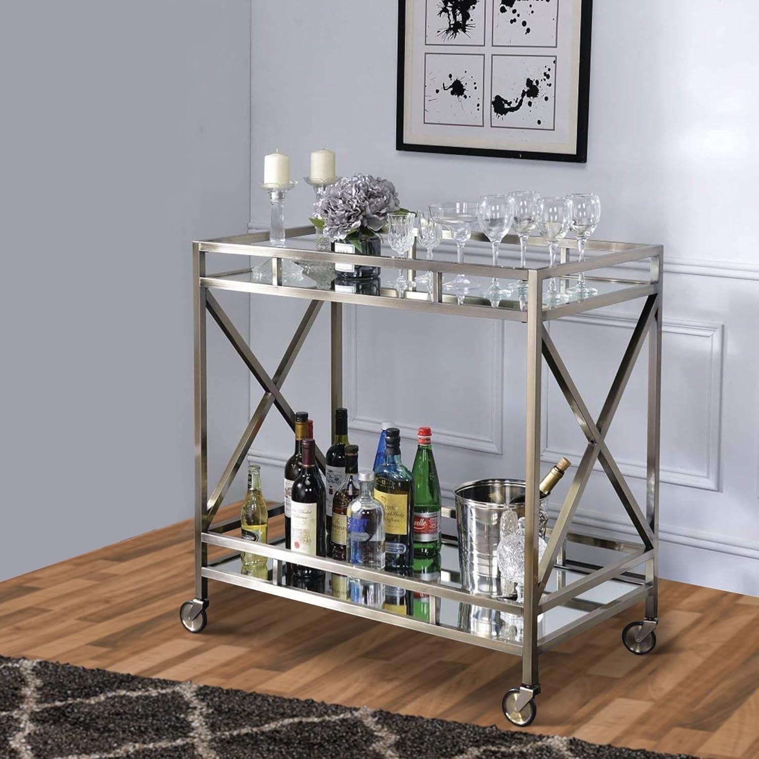 Elegant Silver Metal and Glass Rectangular Serving Cart with Wine Storage