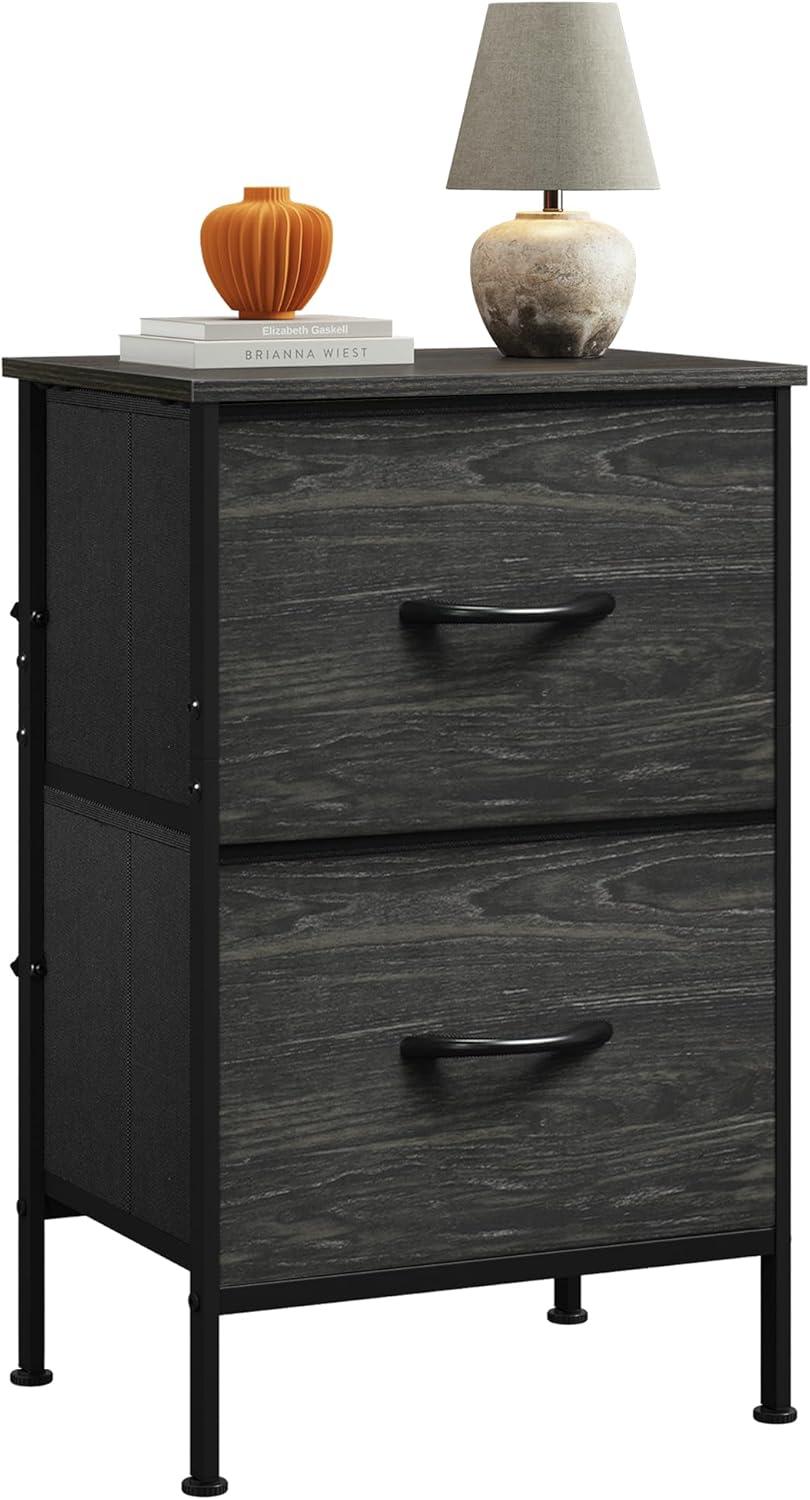 WLIVE Black Nightstand, Small Dresser for Bedroom with 2 Fabric Drawer, Bed Side Table with Drawers, End Table Bedside Furniture, Sturdy Steel Frame, Wood Top, Closet Organizer, College Dorm